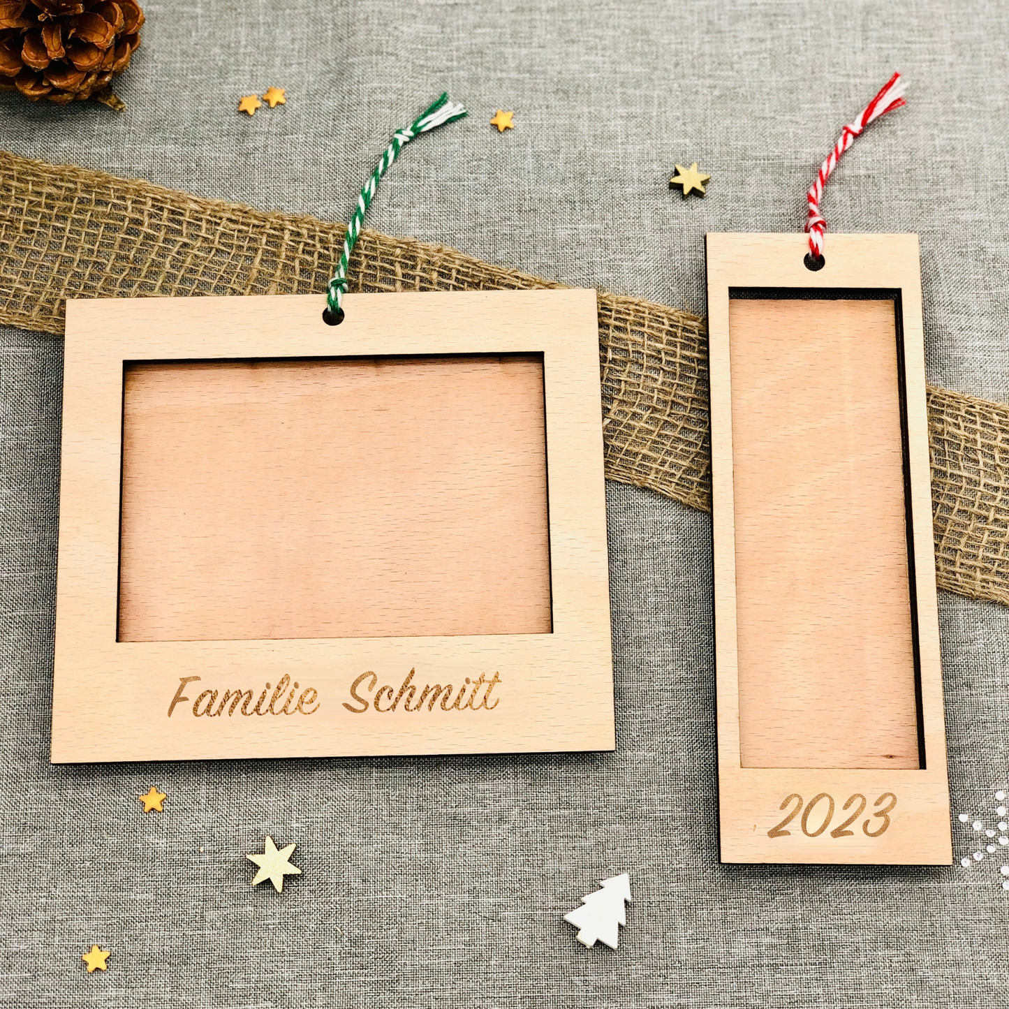 Rahmen Mini Fotostreifen - nachhaltige Christbaumkugel Holz für Fotos - Weihnachtsschmuck personalisiert