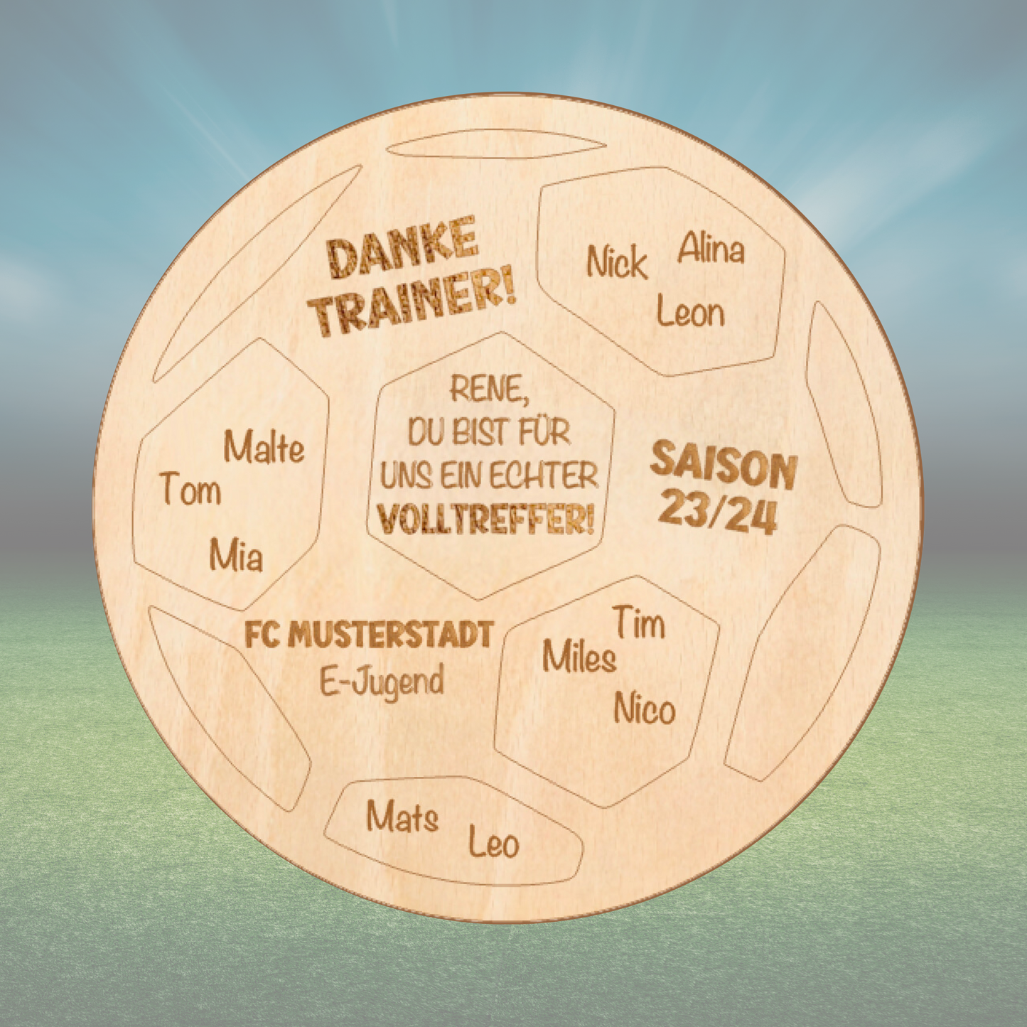 Holzschild Fussball - Trainer Geschenk Danke sagen - Fussball Verein Geschenk - Coach Fußball Abschied - Geschenk Aufstieg personalisiert mit Spielernamen