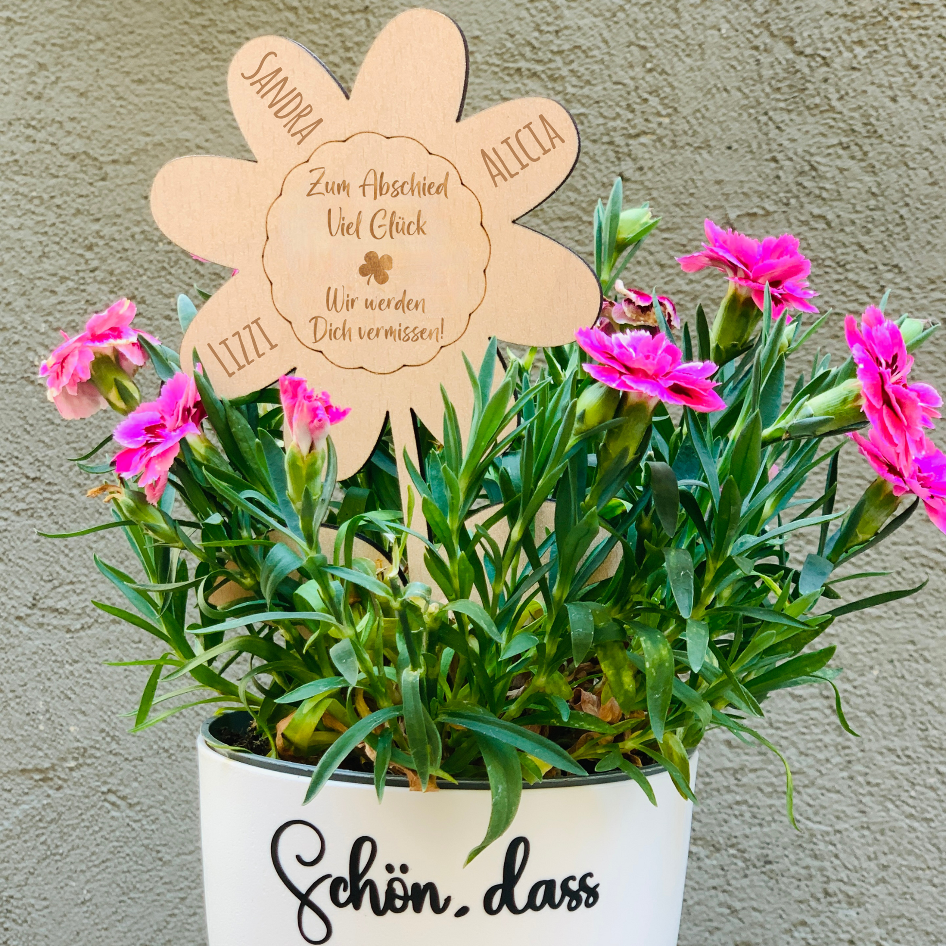 Blumenstecker Abschiedsgeschenk Kollegin / Kollege - Geschenk zum Abschied Arbeit - Ruhestand Arbeitskollege - Mitarbeiter - personalisier - Zum Abschied Viel Glück - Wir werden Dich vermissen!