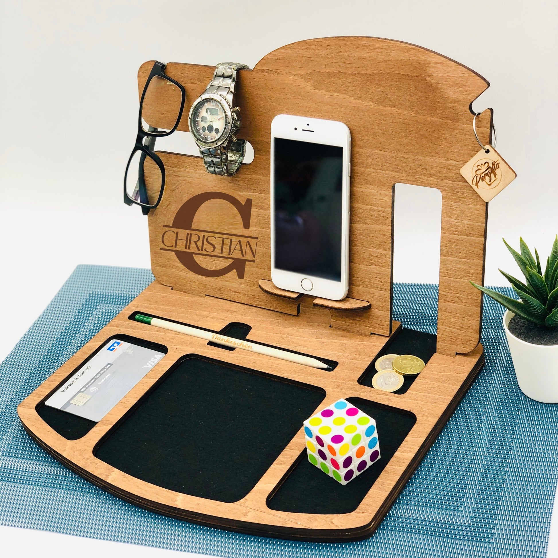 Schreibtisch Organizer Holz - Bรผro Docking Station - Geschenk fรผr Mรคnner personalisiert