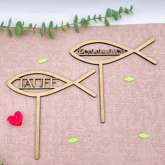 Holzschild Kommunion - Taufe - Firmung - Blumenstecker Deko Christlicher Fisch Kommunionsfeier - Tauffeier - Pflanzenstecker Holz