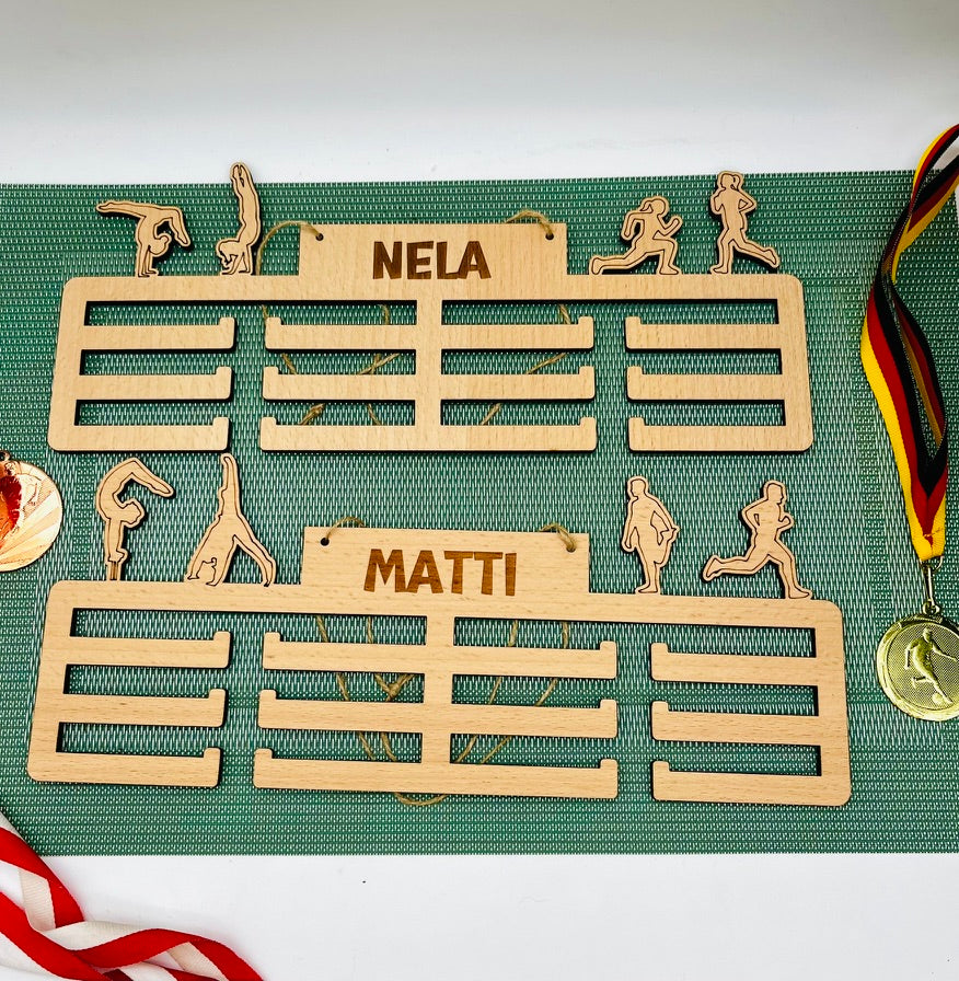 personalisiert Medaillenhalter für Sportmedaillen - Geschenk Aufhänger für Sportabzeichen - Aufbewahrung Medaillen - Fussball - Basketball - Turnen und Laufen