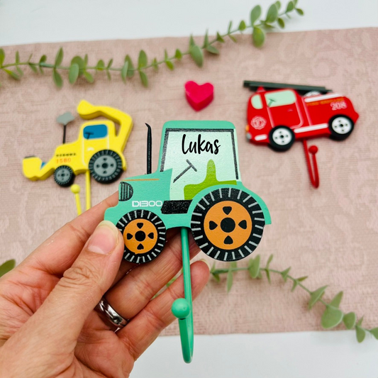 Personalisierte Wandhaken Kinder – Bagger - Traktor - Feuerwehr – Aufhänger Holz – Kinderzimmer Deko Geschenk Junge - Sass&Belle