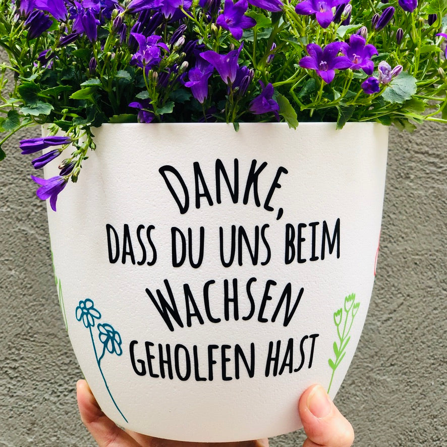 großer Blumentopf schwarz / weiß "Danke, dass du mir/uns beim Wachsen geholfen hast" - Abschiedsgeschenk Lehrer / Erzieher - 18cm personalisiert