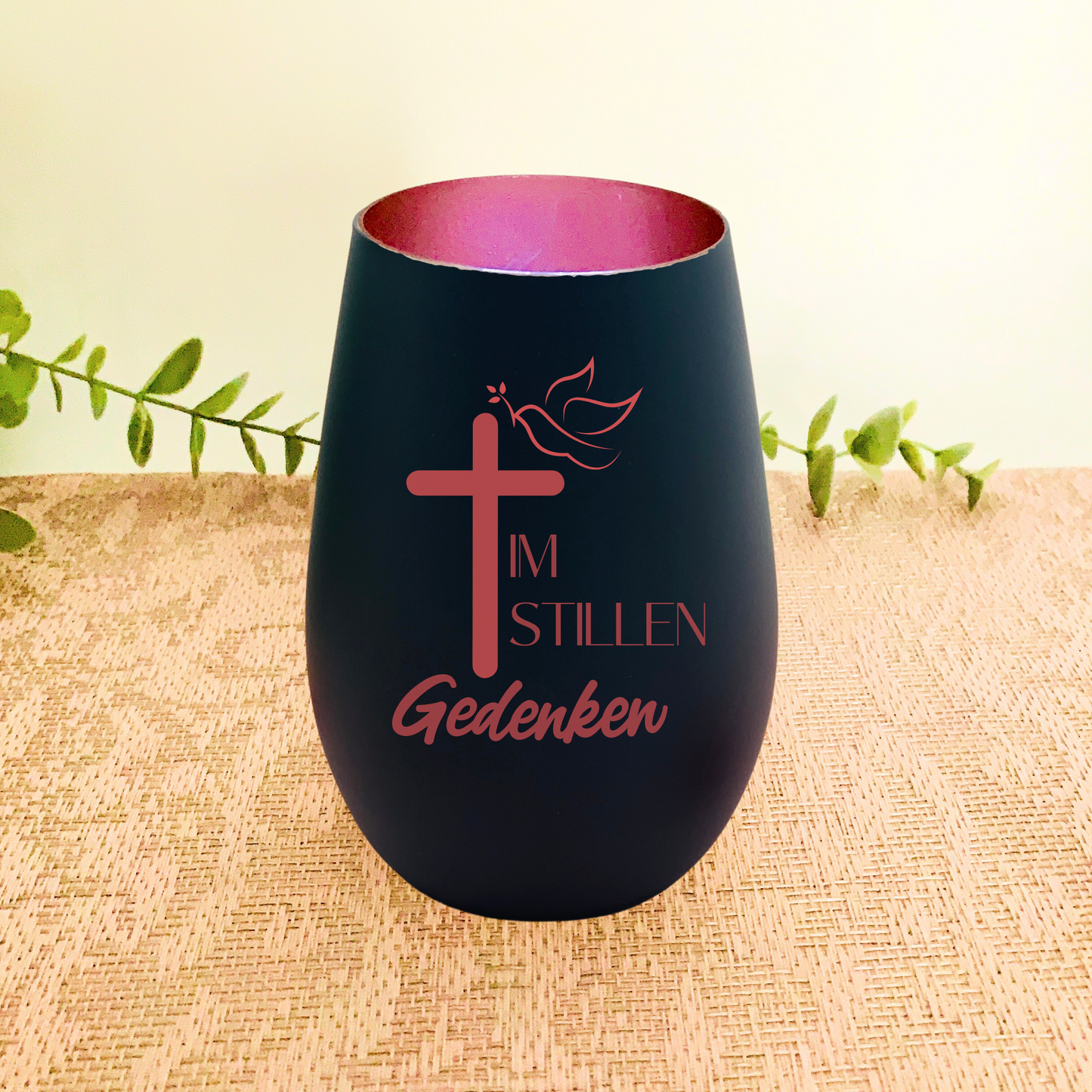Windlicht mit Gravur - Trauerlicht als Andenken - Im stillen Gedenken - Windlicht zur Erinnerung - personalisiert - Glas schwarz
