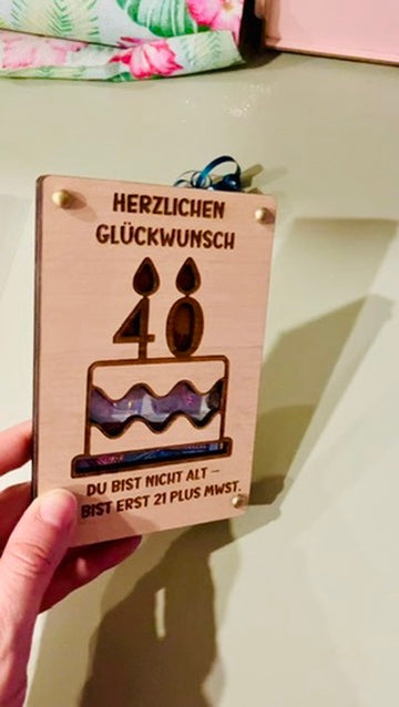 Holzkarte Geldgeschenk 40. Geburtstag - Holzgrußkarte runder Geburtstag - lustiger Wunscherfüller Gutscheinhalter -