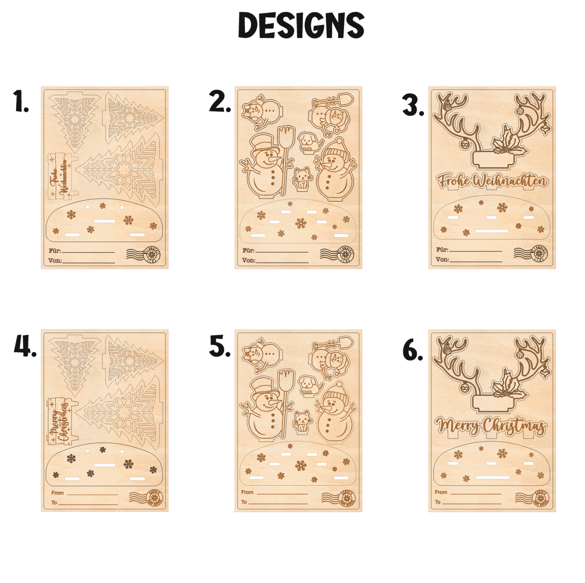 Grußkarte Weihnachten mit 3D Aufsteller aus Holz - kleines Weihnachtsgeschenk - Weihnachtspost - Designs Weihnachtsgrüße Holz - Wichtelgeschenk