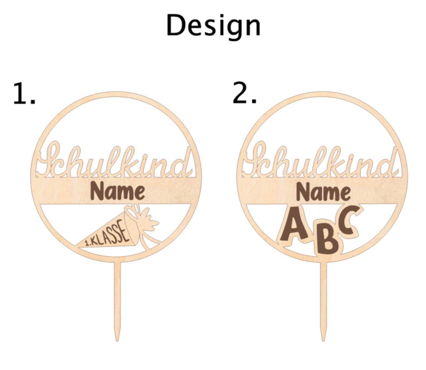 Holzstecker Einschulung personalisiert | Cake Topper Schulkind 2025 | Blumenstecker 1.Klasse | Geschenk zur Einschulung Holz | Tortenstecker - Design 1-2