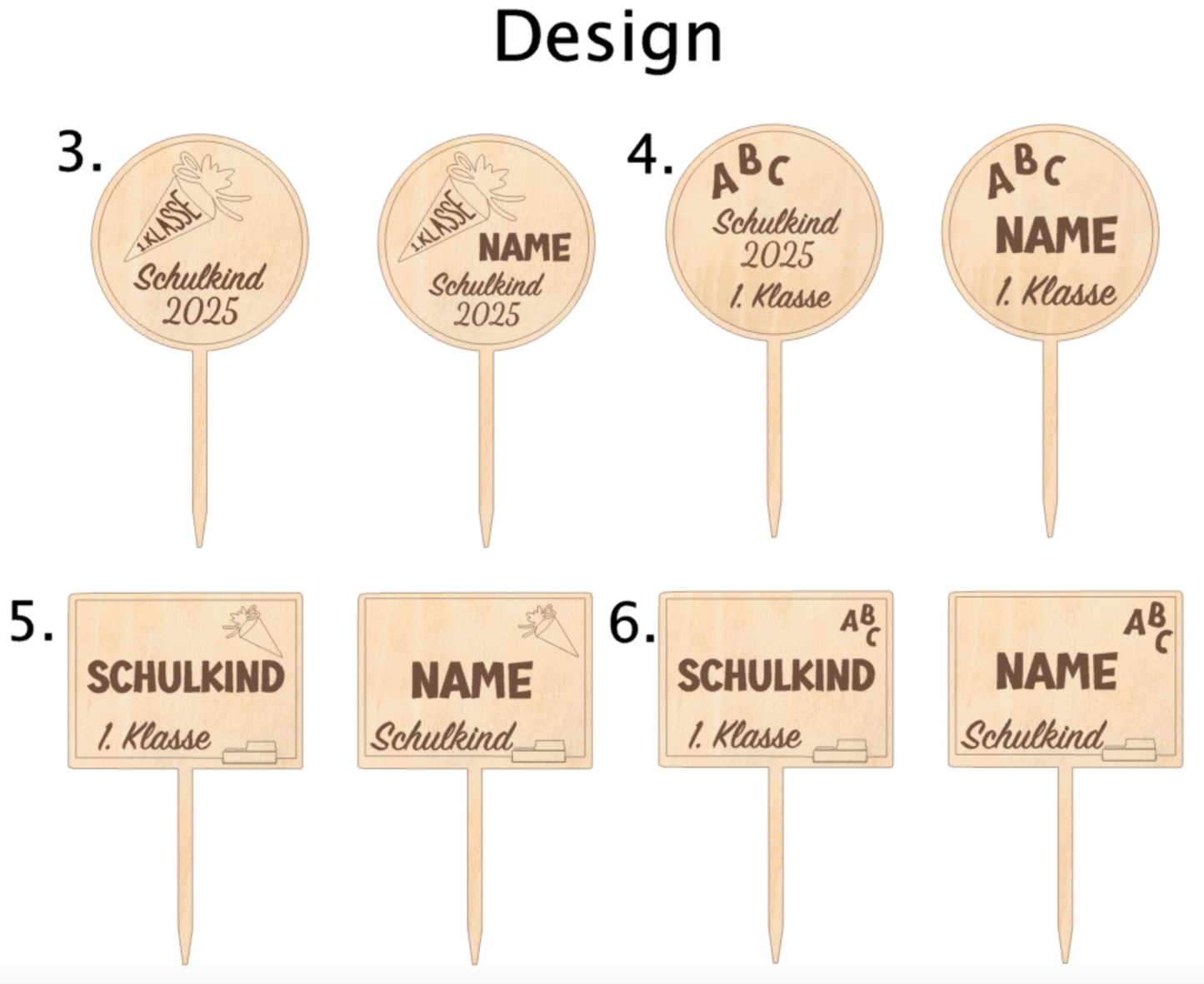 Holzstecker Einschulung personalisiert | Cake Topper Schulkind 2025 | Blumenstecker 1.Klasse | Geschenk zur Einschulung Holz | Tortenstecker - Design 3-6