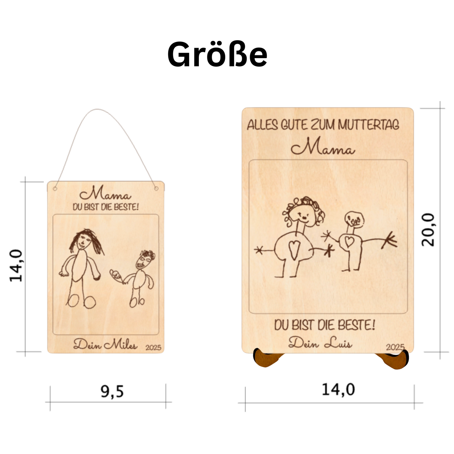 Holzkarte mit Kinderzeichnung - Holzschild mit Bild - Kindermalerei auf Holz graviert - Muttertagsgeschenk für Mama - Oma -personalisiert - Größe