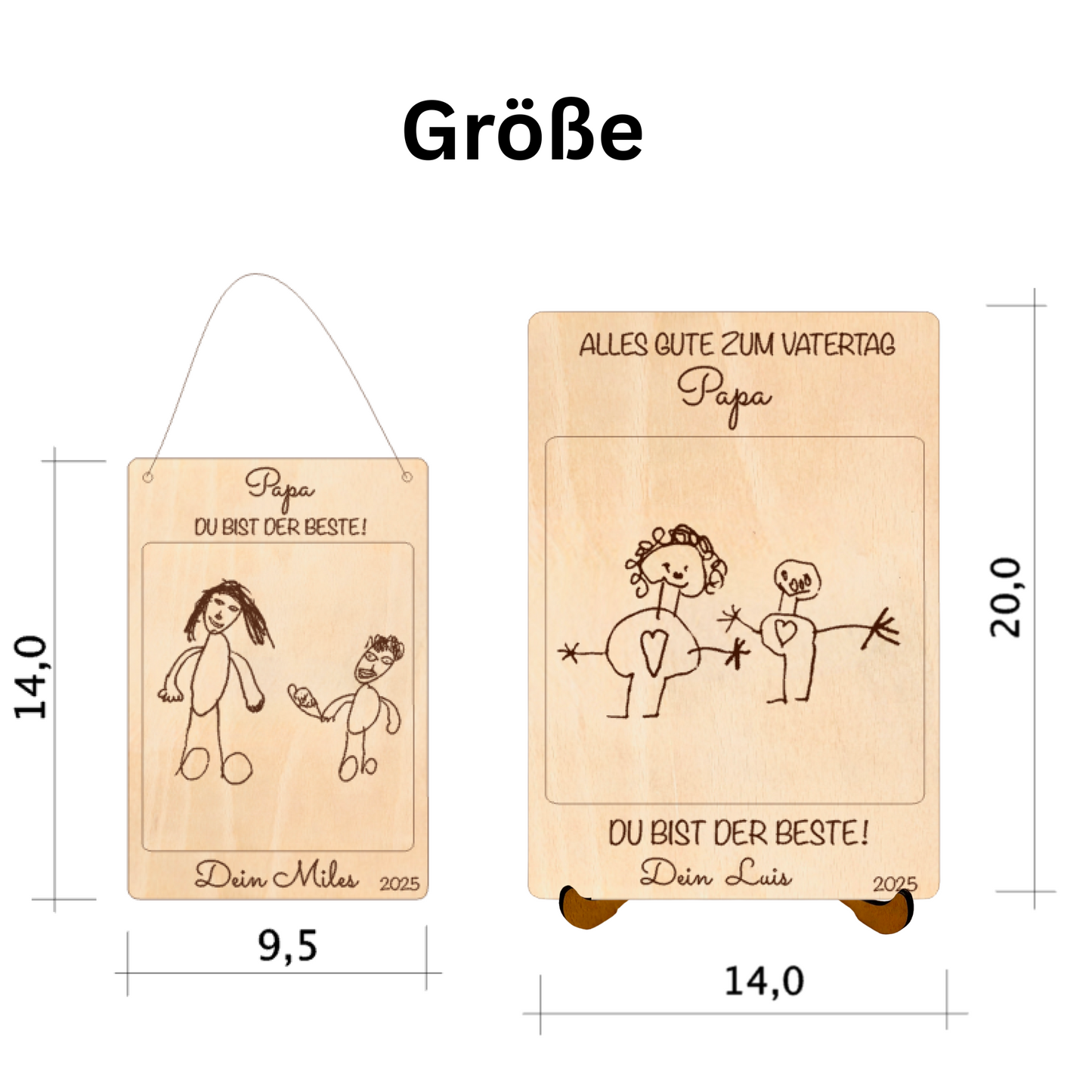 Vatertagsgeschenk Holzkarte mit Kinderzeichnung graviert - Holzschild mit Bild - Kindermalerei auf Holz graviert Papa - Opa - personalisiert - Größe