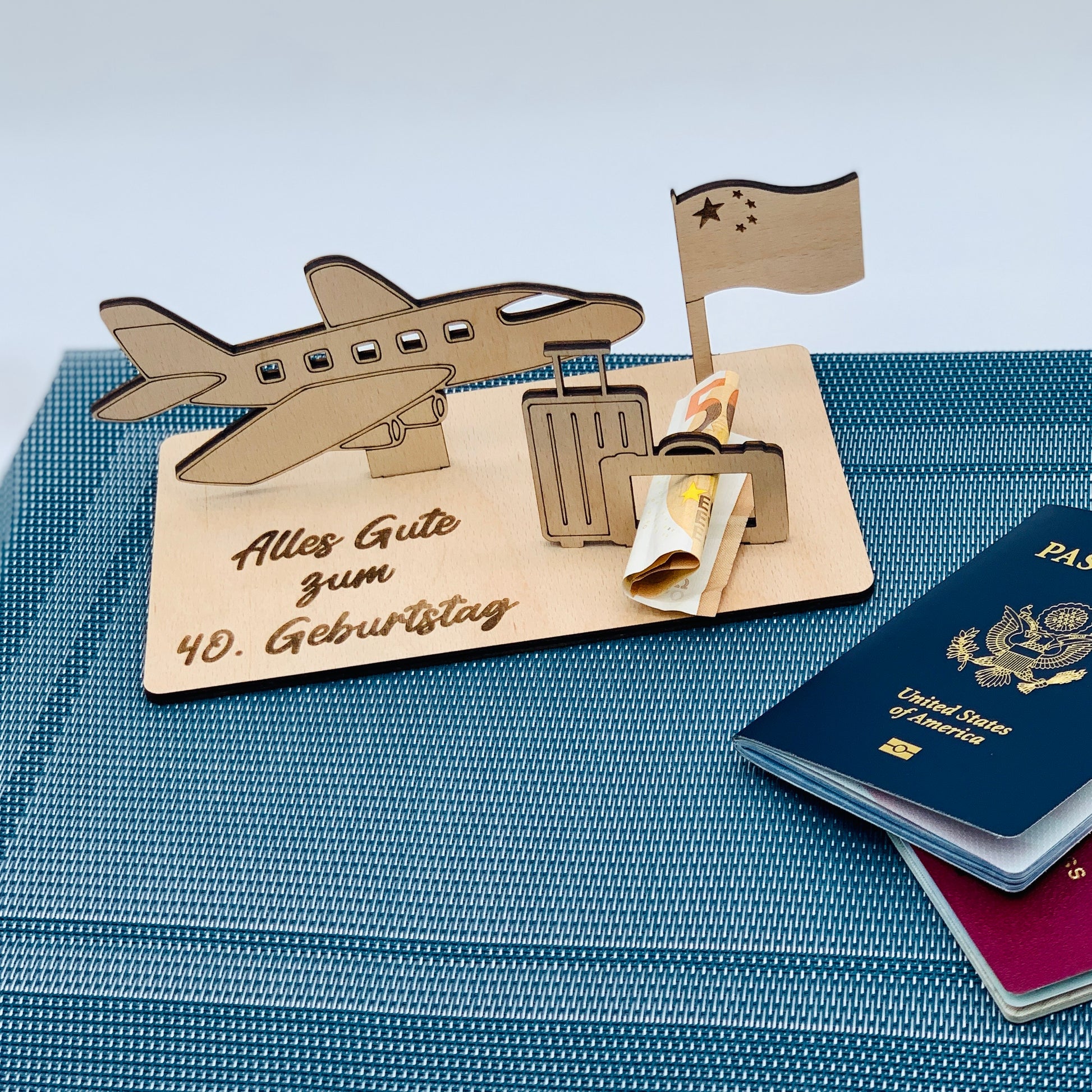 Holzkarte Geldgeschenk Reiseliebhaber - Reisegeschenk 3D Holzgruรkarte - Wunscherfรผller Flugzeug