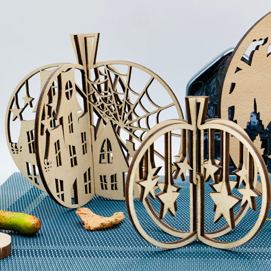 3D Halloween Kürbis aus Holz - Herbstdeko Halloween - Tischdeko Kürbis - Geschenkidee Herbst - Halloween Kürbis Deko Set - Herbstdeko innen