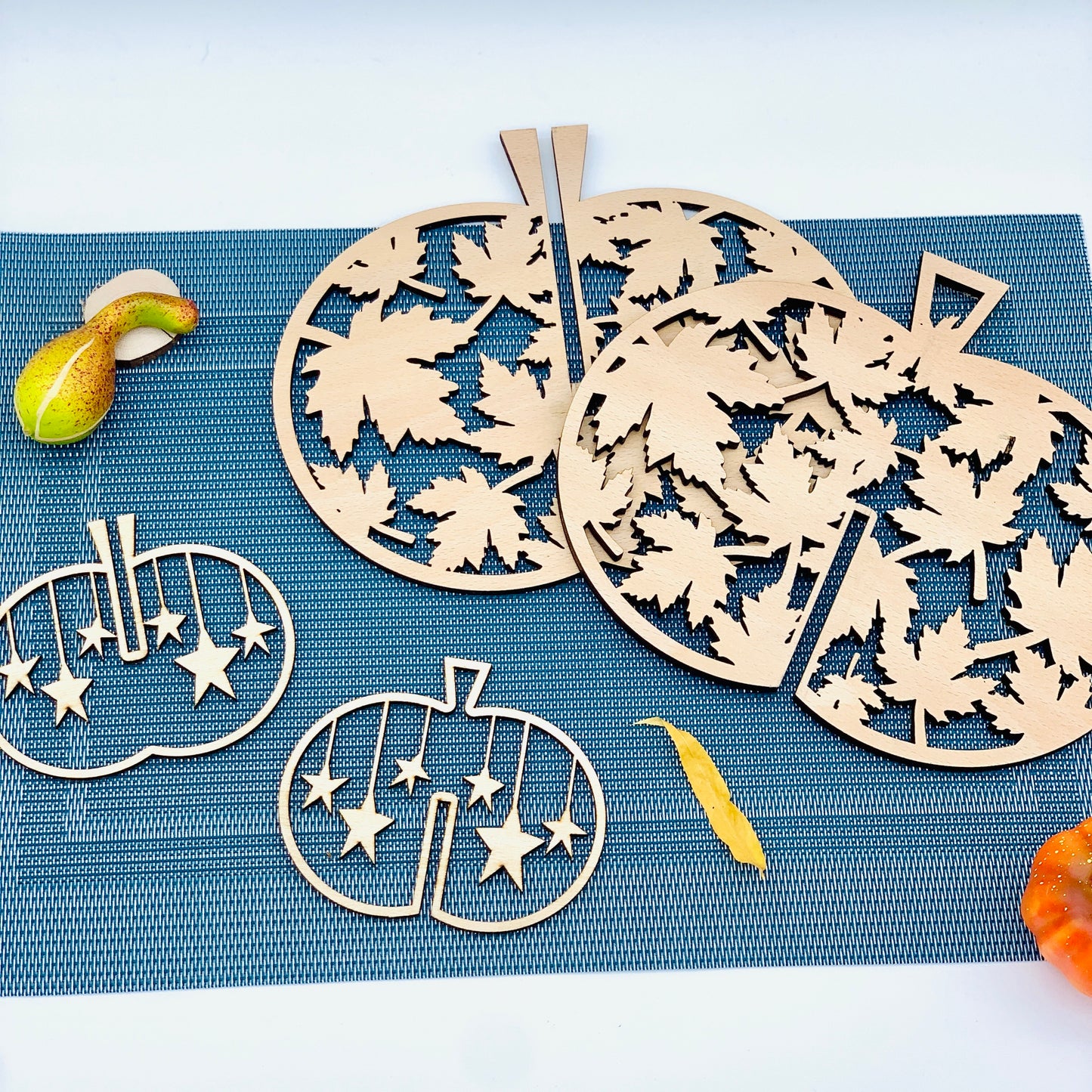 3D Kürbis Holz - Herbstdeko Hauseingang - Tischdeko Kürbis - Geschenkidee Herbst - Halloween Kürbis Deko Set