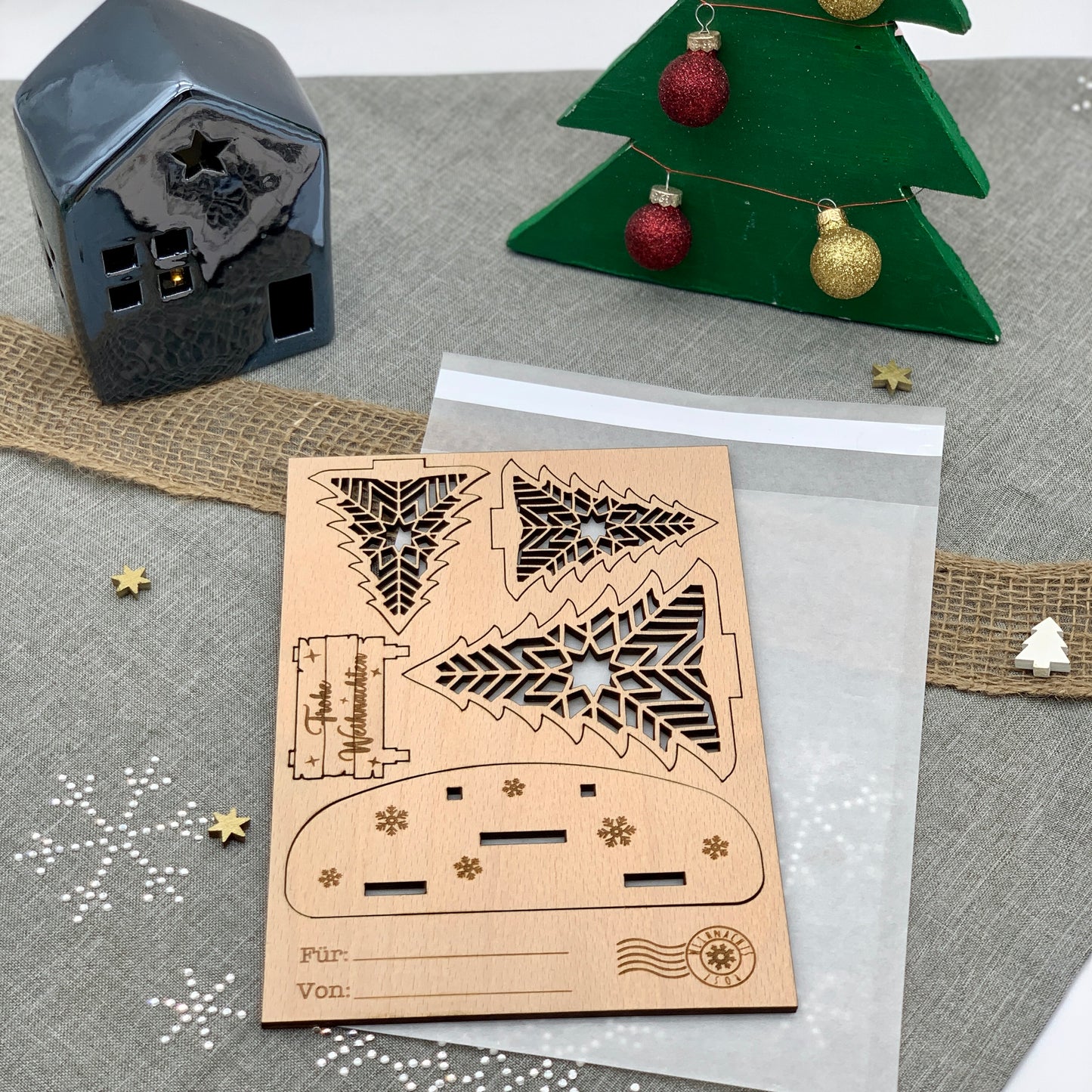 Grußkarte Weihnachten aus Holz - kleines Weihnachtsgeschenk - Weihnachtspost - Weihnachtsgrüße Holz - Wichtelgeschenk