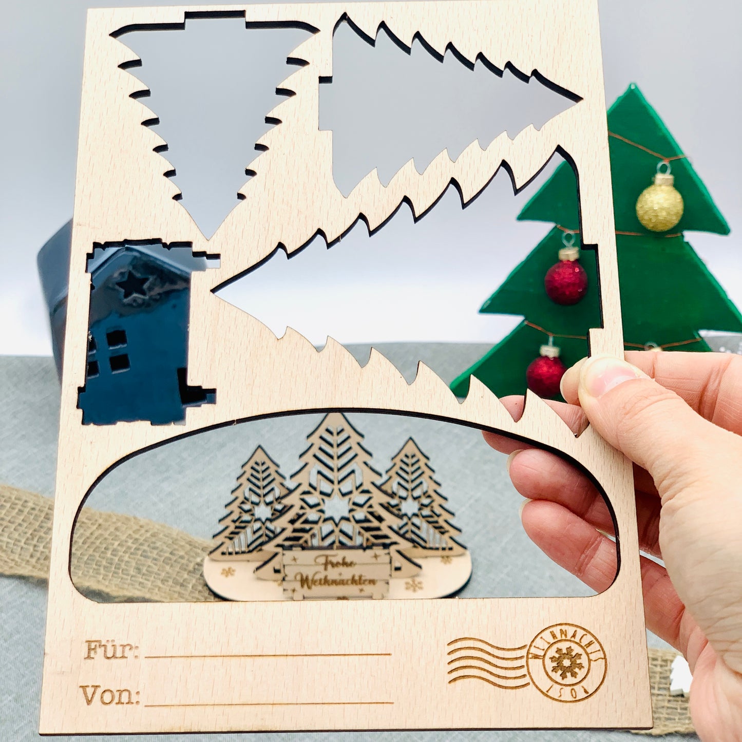 Weihnachten Grußkarte mit 3D Aufsteller aus Holz - kleines Weihnachtsgeschenk - Weihnachtspost - Weihnachtsgrüße Holz - Wichtelgeschenk