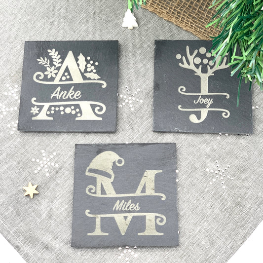 Schiefer Untersetzer mit Gravur - Untersetzer mit Weihnachtsmonogram und Namen für Gläser personalisiert - Weihnachtsgeschenk Schiefer Tischdeko