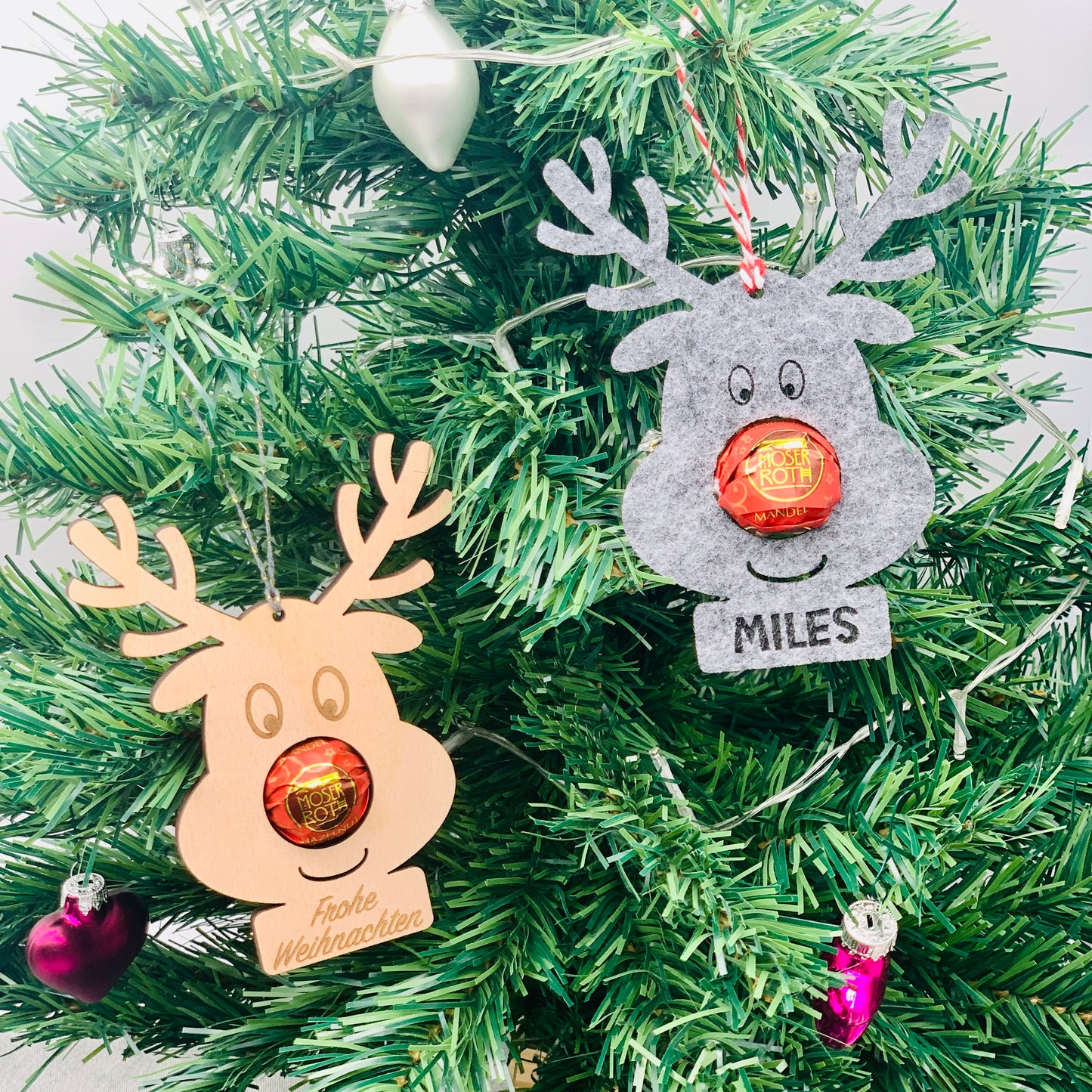 Rentier Anhänger mit Namen - Gastgeschenk - Wichtelgeschenk - Geldgeschenk - nachhaltige Christbaumkugel - Anhänger Nikolaus