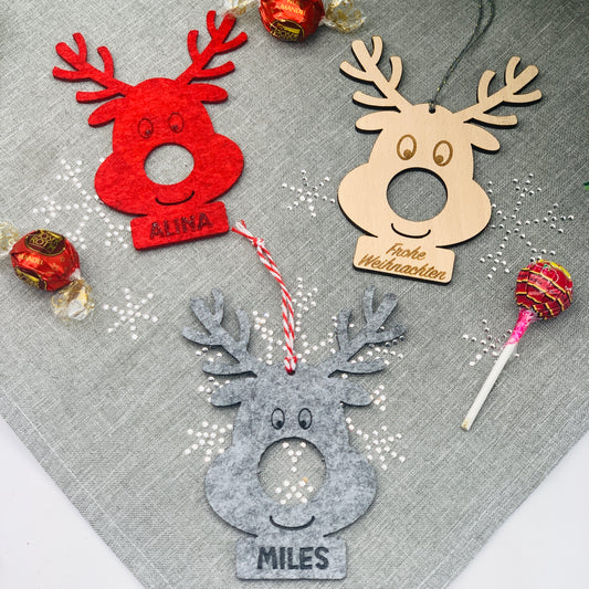 Rentier Anhänger mit Namen - Gastgeschenk - Wichtelgeschenk - Geldgeschenk - nachhaltige Christbaumkugel Holz oder Filz - Anhänger