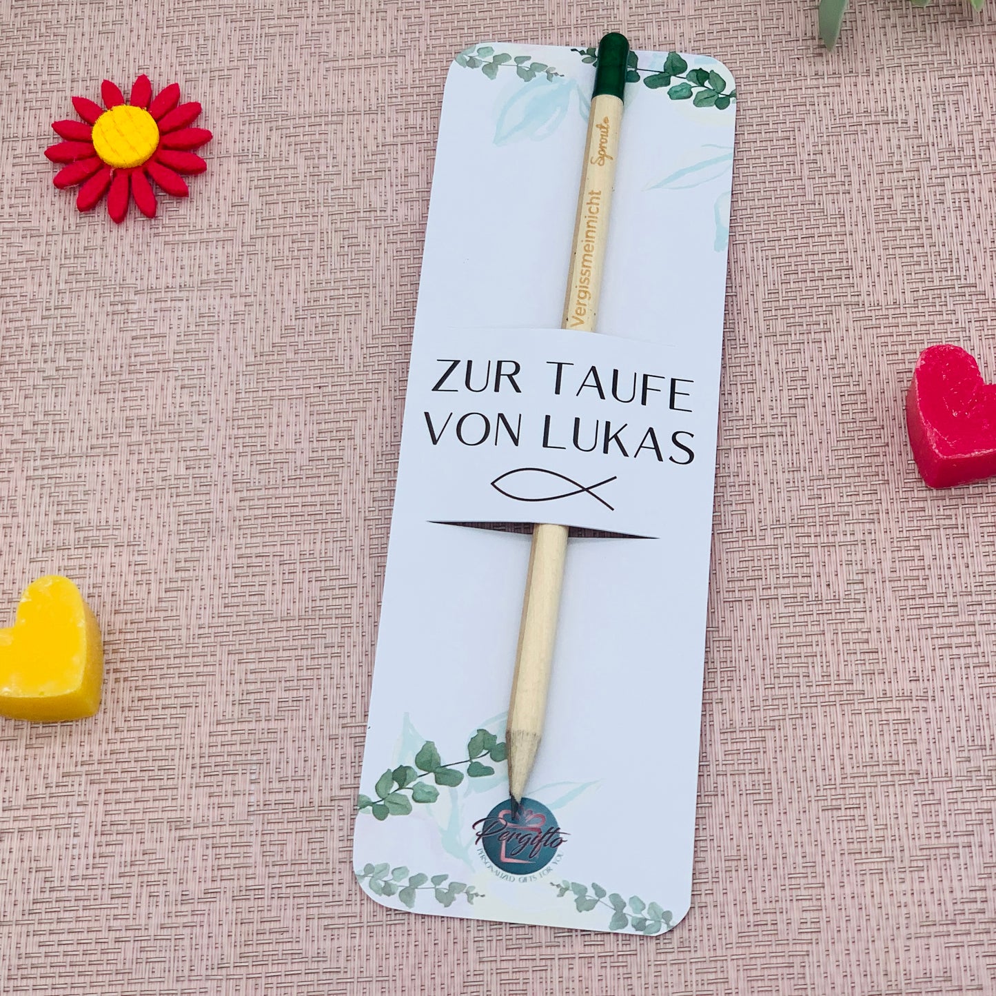 Holzstift mit personalisierter Karte - Gastgeschenk Taufe Kommunion Firmung - nachhaltiges Geschenk