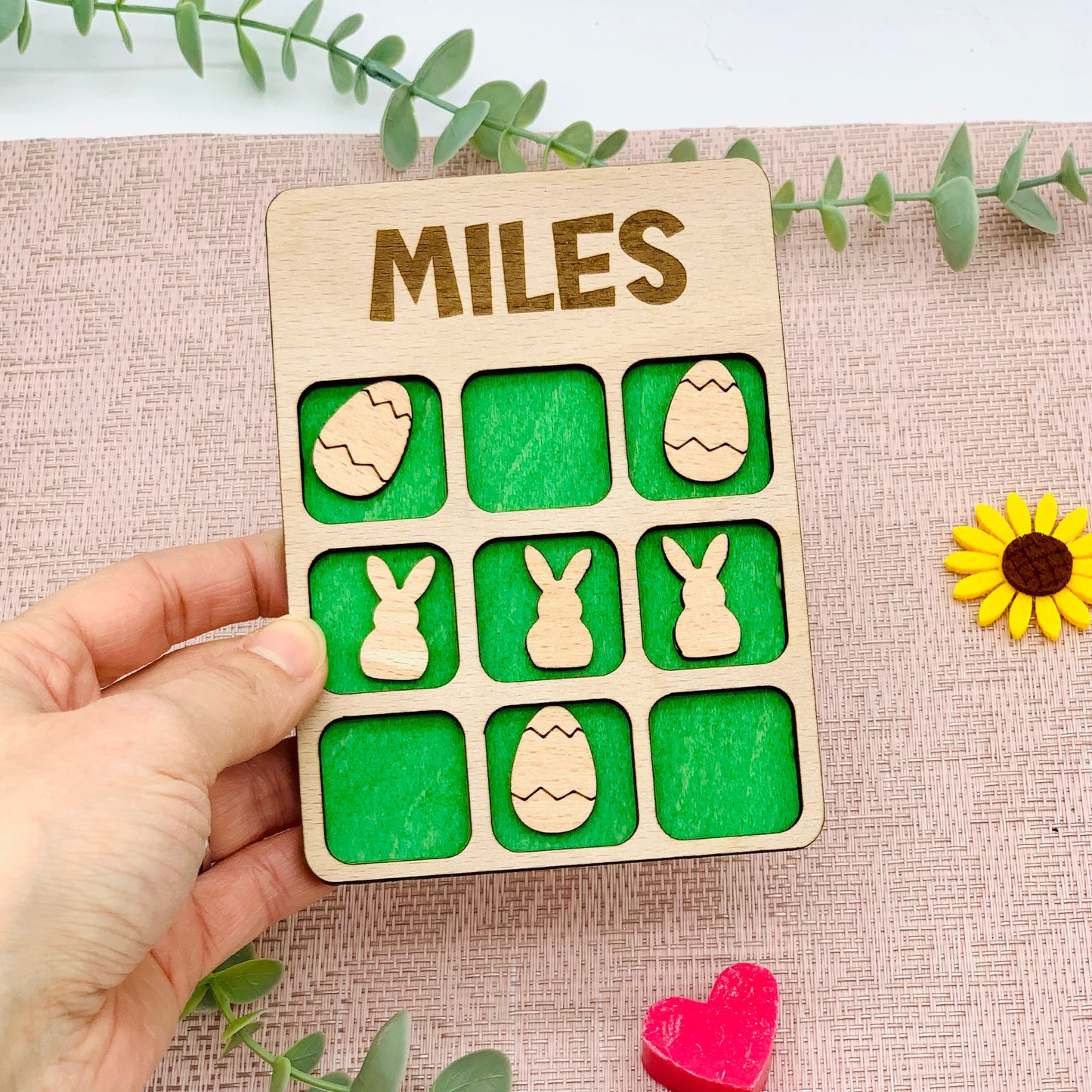 Geschenk Ostern - 3 Gewinnt Holz - Tic Tac Toe Holz Brettspiel - kleines Brettspiel personalisiert - Reisespiel -OXO Spiel - Kindergeschenk