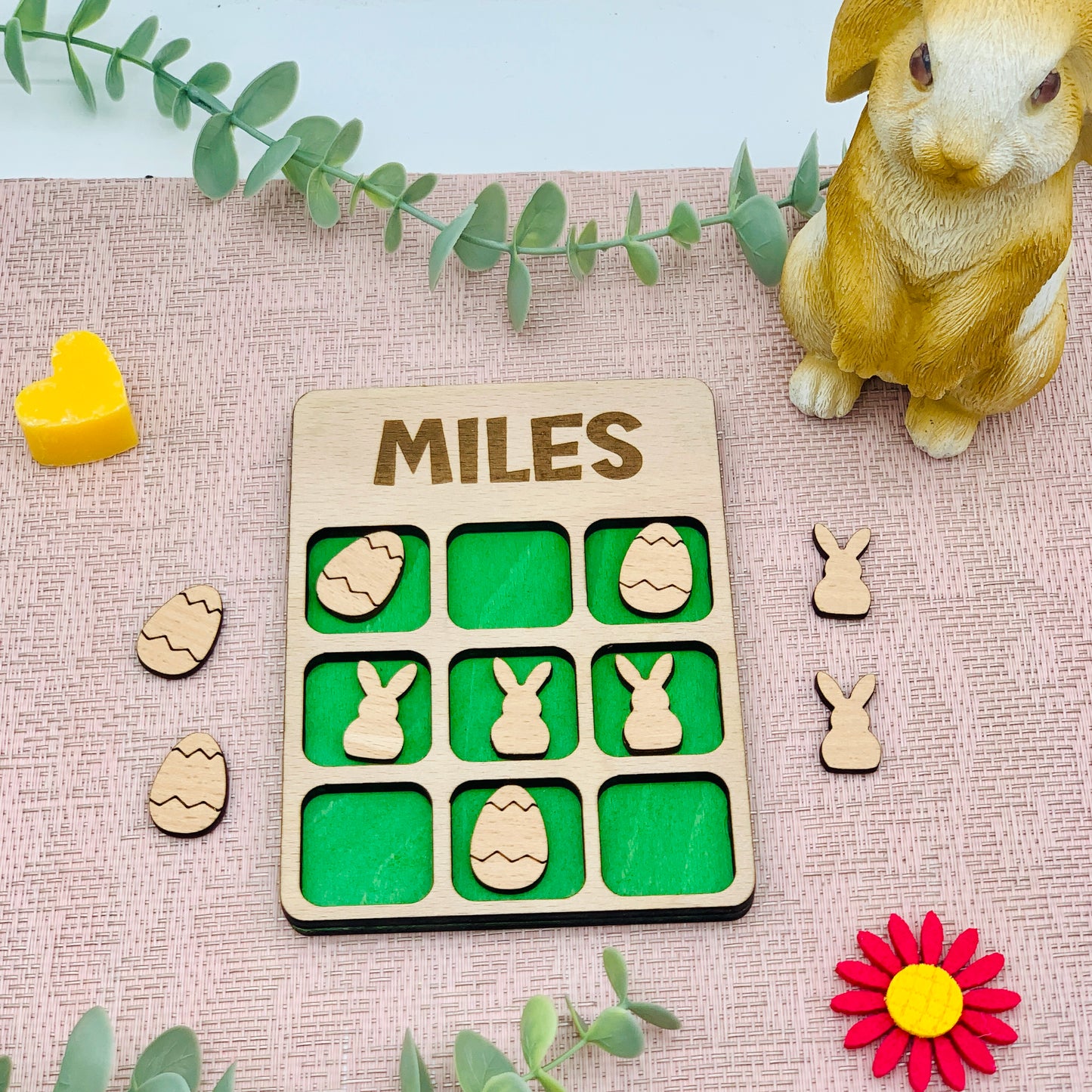Geschenk Ostern - 3 Gewinnt Holz - Tic Tac Toe Holz Brettspiel - kleines Brettspiel personalisiert - Reisespiel - OXO Spiel - Kindergeschenk