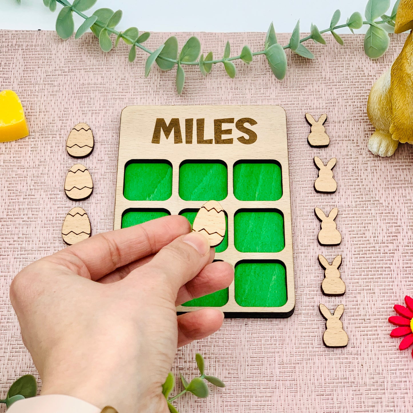 Geschenk Ostern - 3 Gewinnt Holz - Tic Tac Toe Holz Brettspiel - kleines Brettspiel personalisiert - Reisespiel