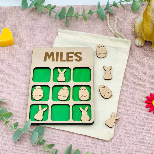 Geschenk Ostern - 3 Gewinnt Holz - Tic Tac Toe Holz Brettspiel - kleines Brettspiel personalisiert - Reisespiel -OXO Spiel