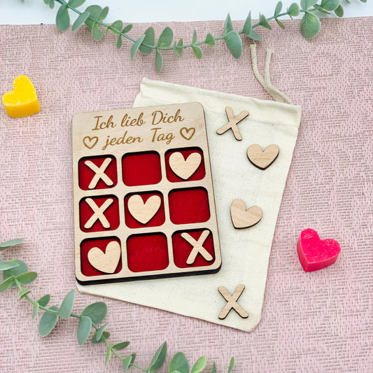 Geschenk Valentinstag - 3 Gewinnt Holz - Tic Tac Toe Holz Brettspiel - Brettspiel personalisiert - Reisespiel - OXO Spiel