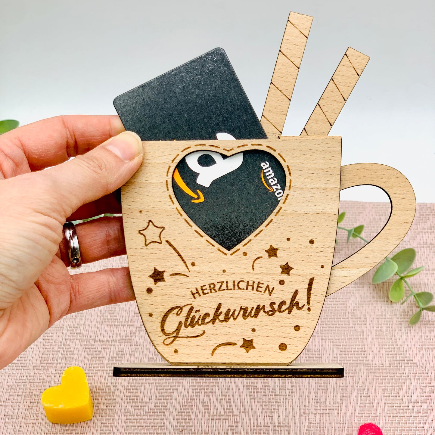 Geschenkgutschein Halter Tasse Geburtstag - Geburtstagsgeschenk Holz - Gutscheinhalter - Geschenkkarte - Gutschein Halter - Wunscherfüller