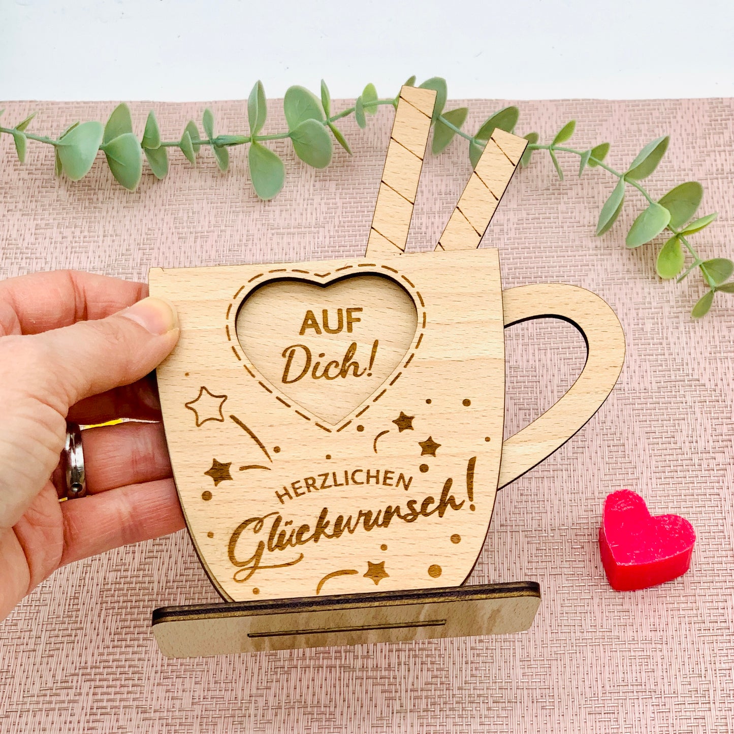 Geschenkgutschein Halter Tasse Geburtstag - Geburtstagsgeschenk Holz - Gutscheinhalter - Geschenkkarte - Gutschein Halter - Wunscherfüller