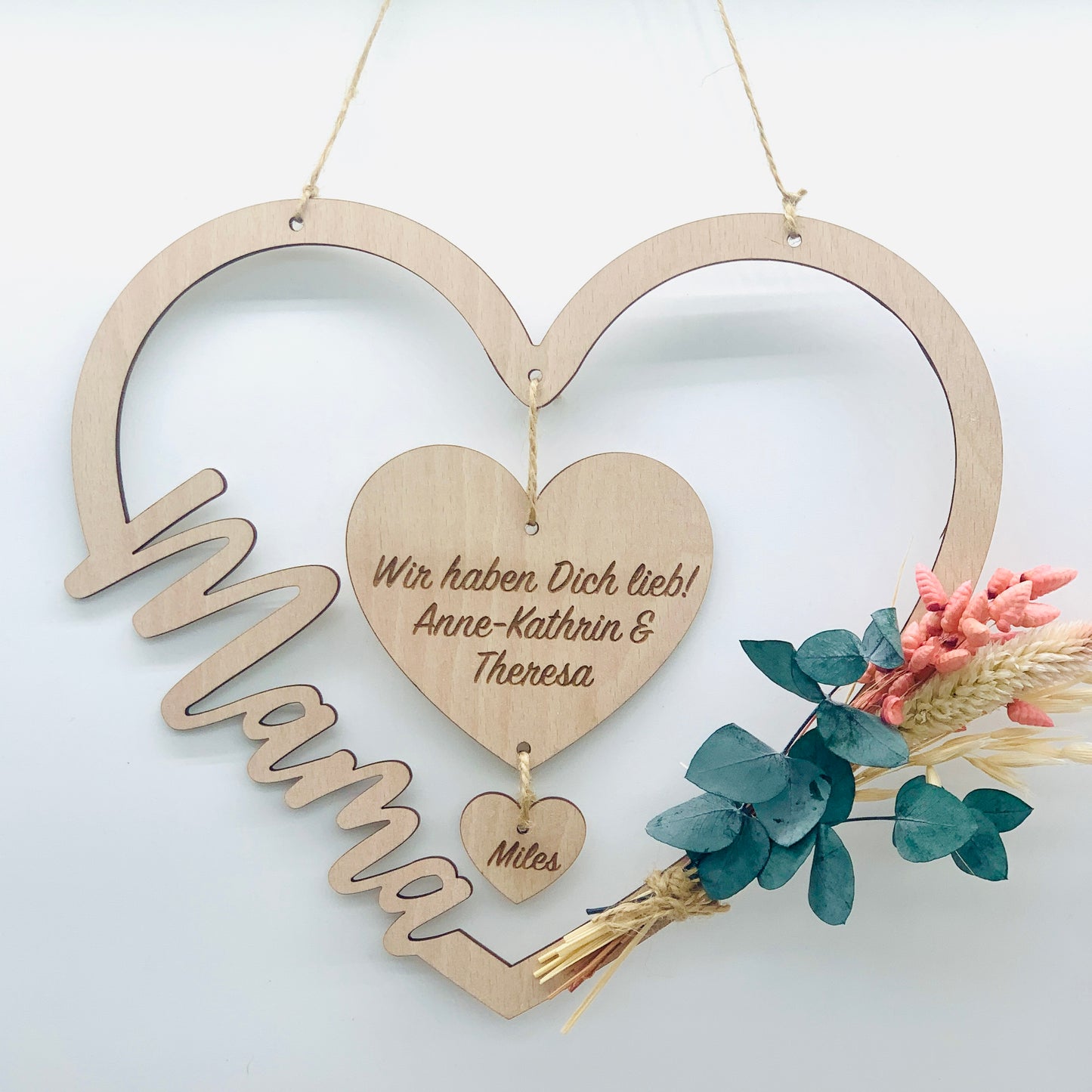 Holzschild Herz Muttertagsgeschenk - Geschenk Herz Mama oder Oma - Holzschild Mama - Kinder - Enkel - Blumen - personalisiert