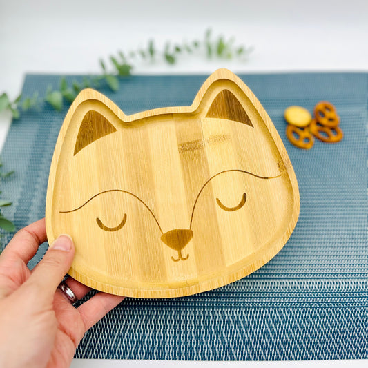 Geschenk Geburtstag Kinderteller mit Name Junge Mädchen | Kindergeschirr Holz Babygeschenk Geburt Geschenk Taufe - Bambus Teller mit Gravur - Fuchs