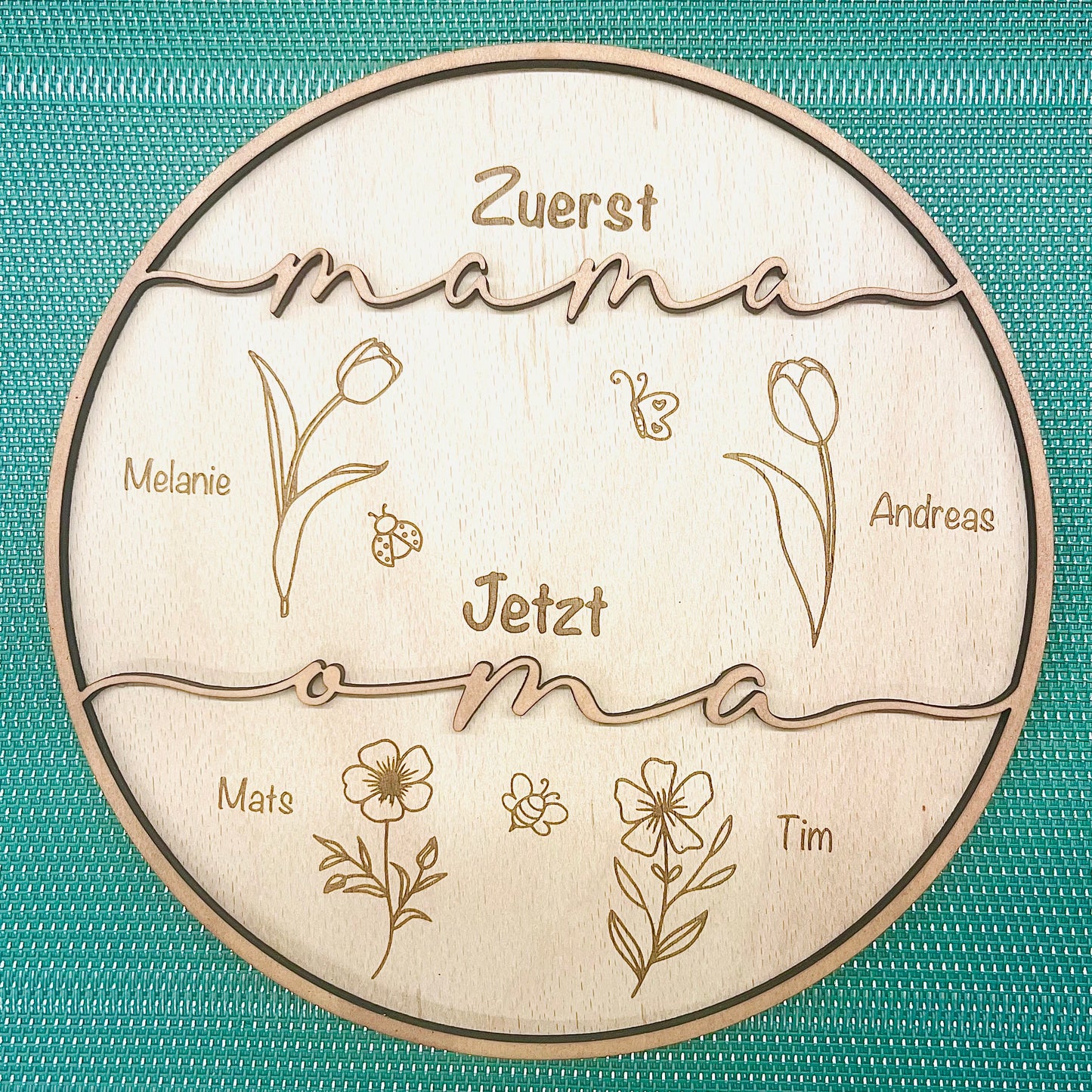 Holzschild Muttertagsgeschenk - Geschenk Mama oder Oma - Holzschild zuerst Mama jetzt Oma -Kindernnamen - Enkel - Blumen - personalisiert mit Namen