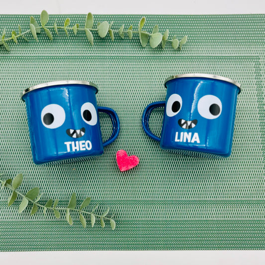 Personalisierte Monster Emaille Tasse | Kinder Tasse mit Namen | Camping Tasse | Geschenkidee für Kinder - Tasse Schulanfang - Sass&Belle