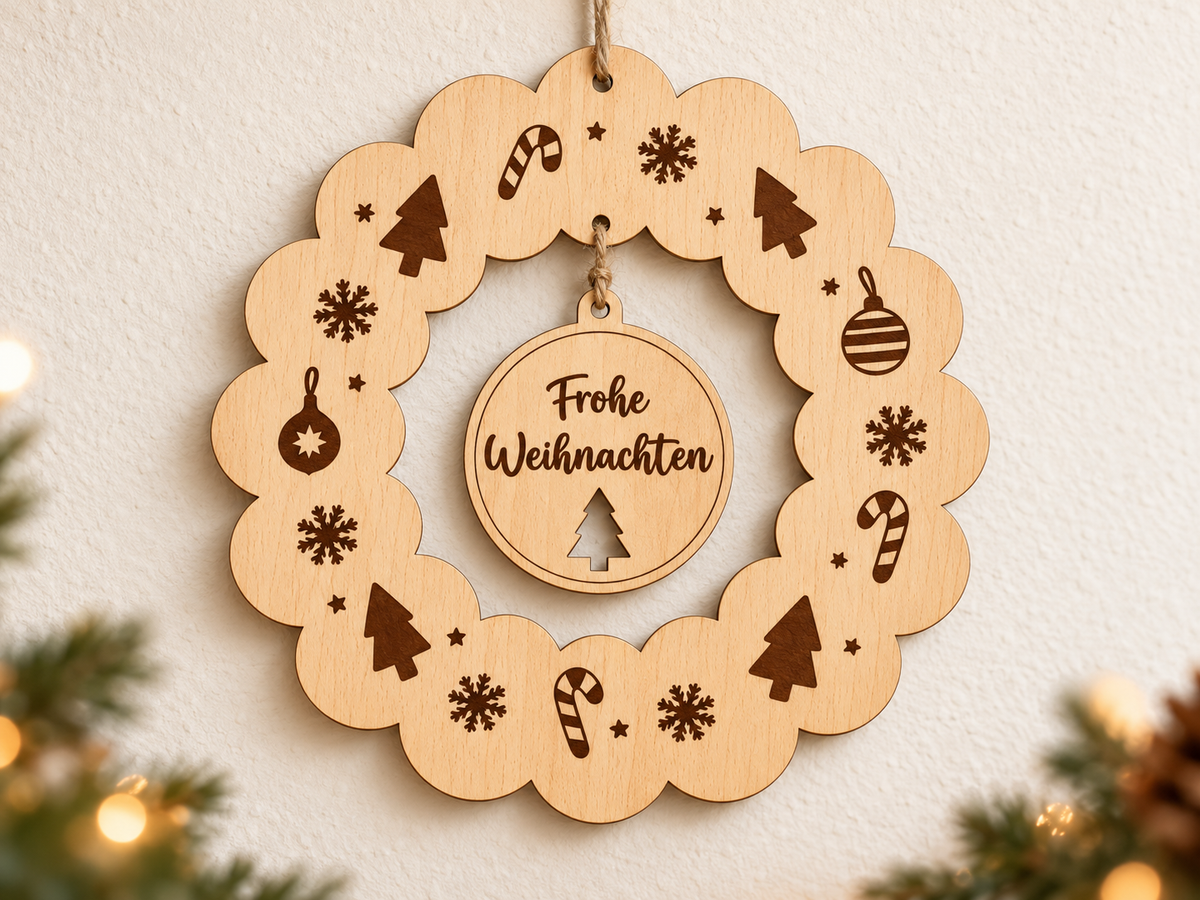 Weihnachtskranz aus Buchensperrholz – mit Wunschtext, 22 cm personalisiert