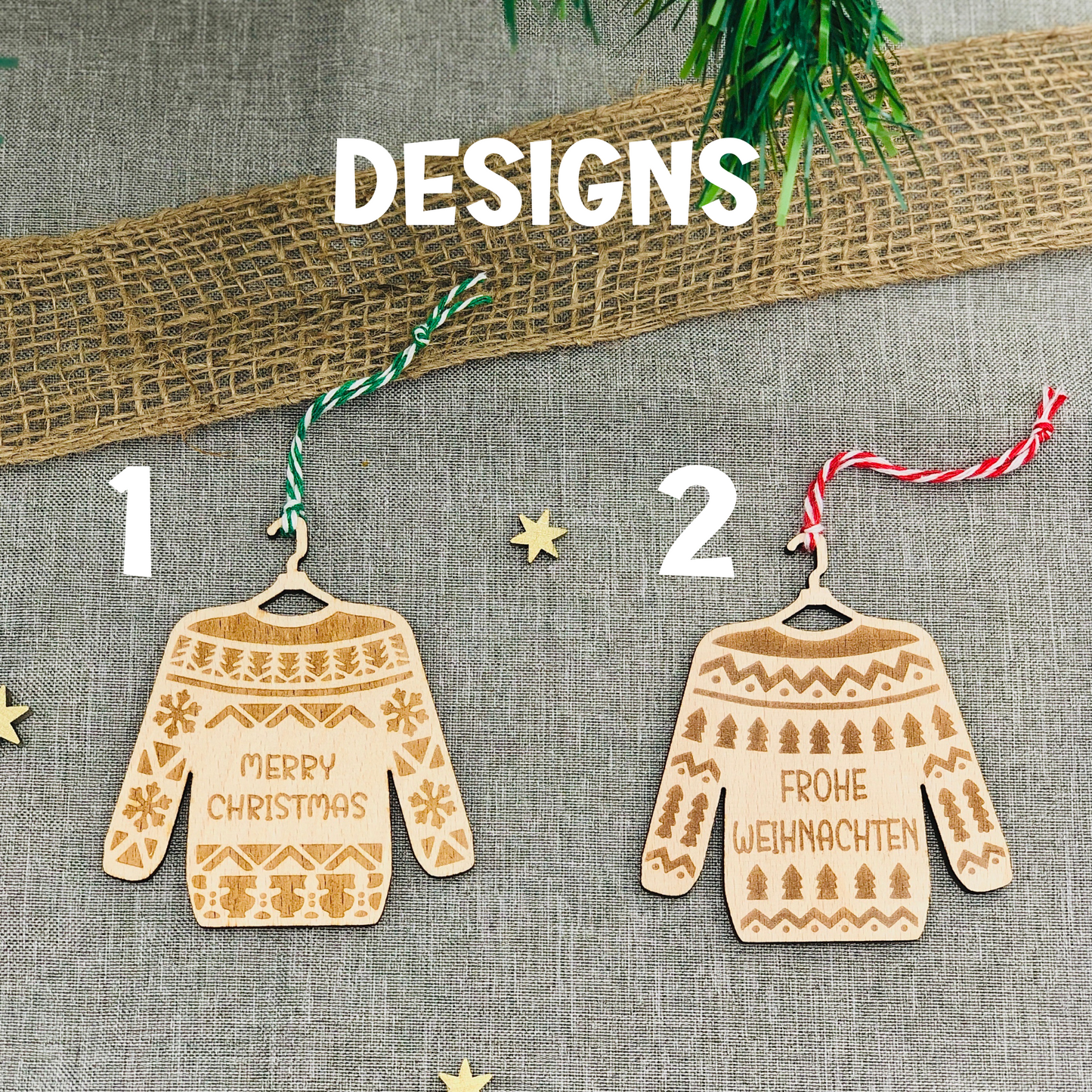 Weihnachtspullover Holz personalisiert - Ugly Sweater Ornament - Holzornament Weihnachten - Weihnachtsbaumschmuck Holz