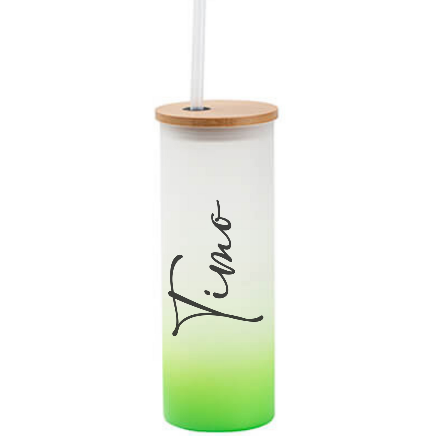 Trinkglas frosted in 4 Farben personalisiert - Tumbler mit Namen - Cocktailglas mit Bambusdeckel und Strohhalm - personalisiertes Geschenk
