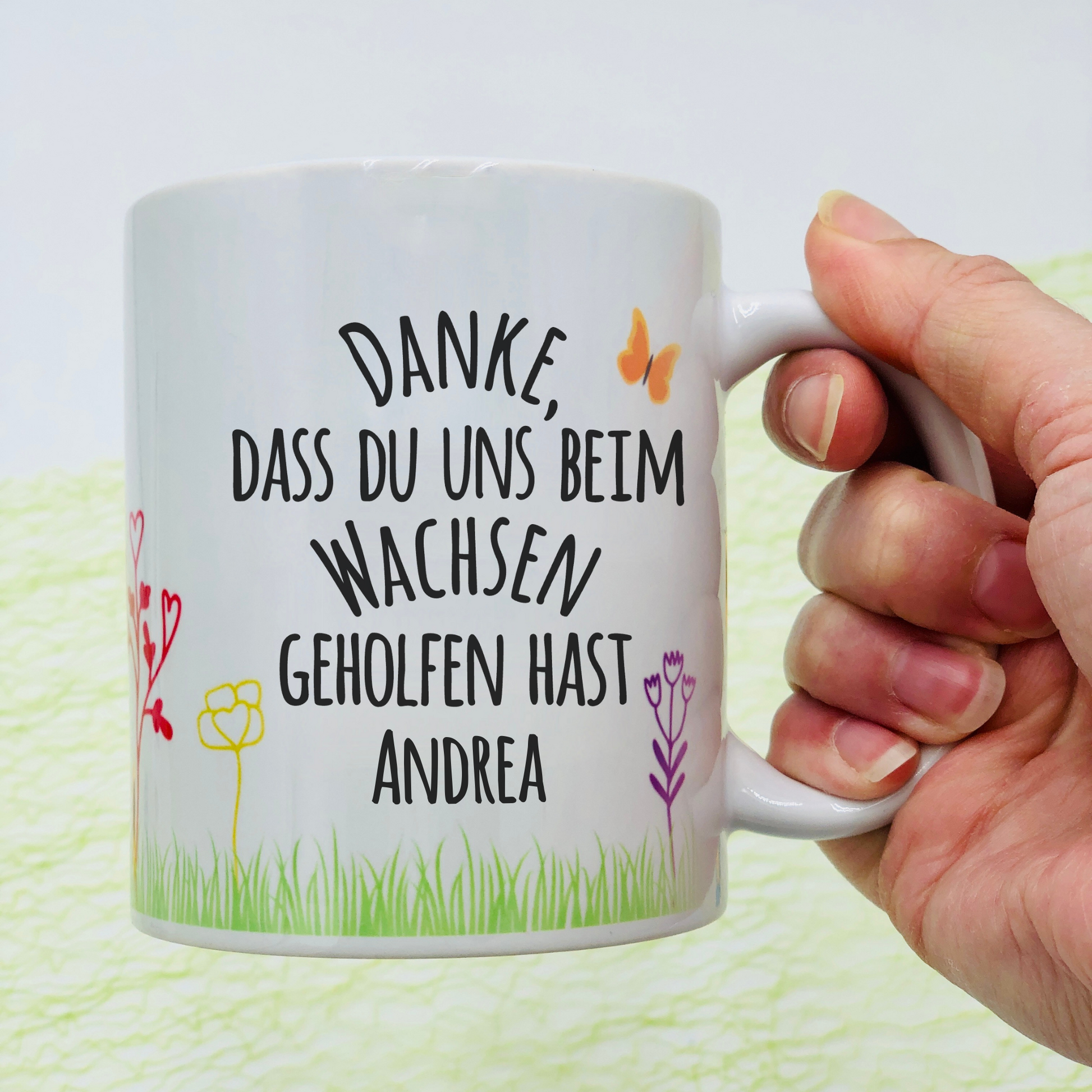 Tasse weiร personalisiert - "Danke, dass du mir / uns beim Wachsen geholfen hast"