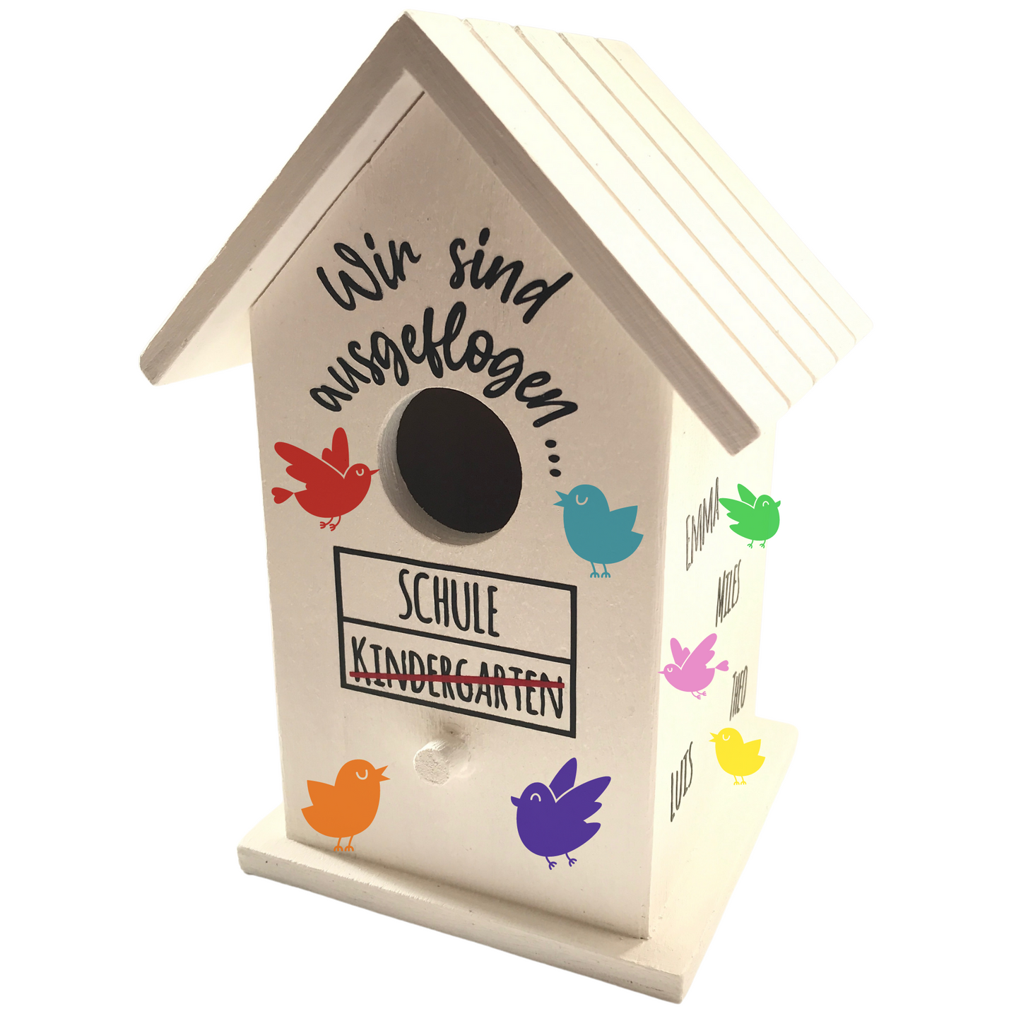 Vogelhaus - Kindergarten "Wir sind ausgeflogen" - Abschiedsgeschenk für Erzieher/in - personalisiert mit Kindernamen
