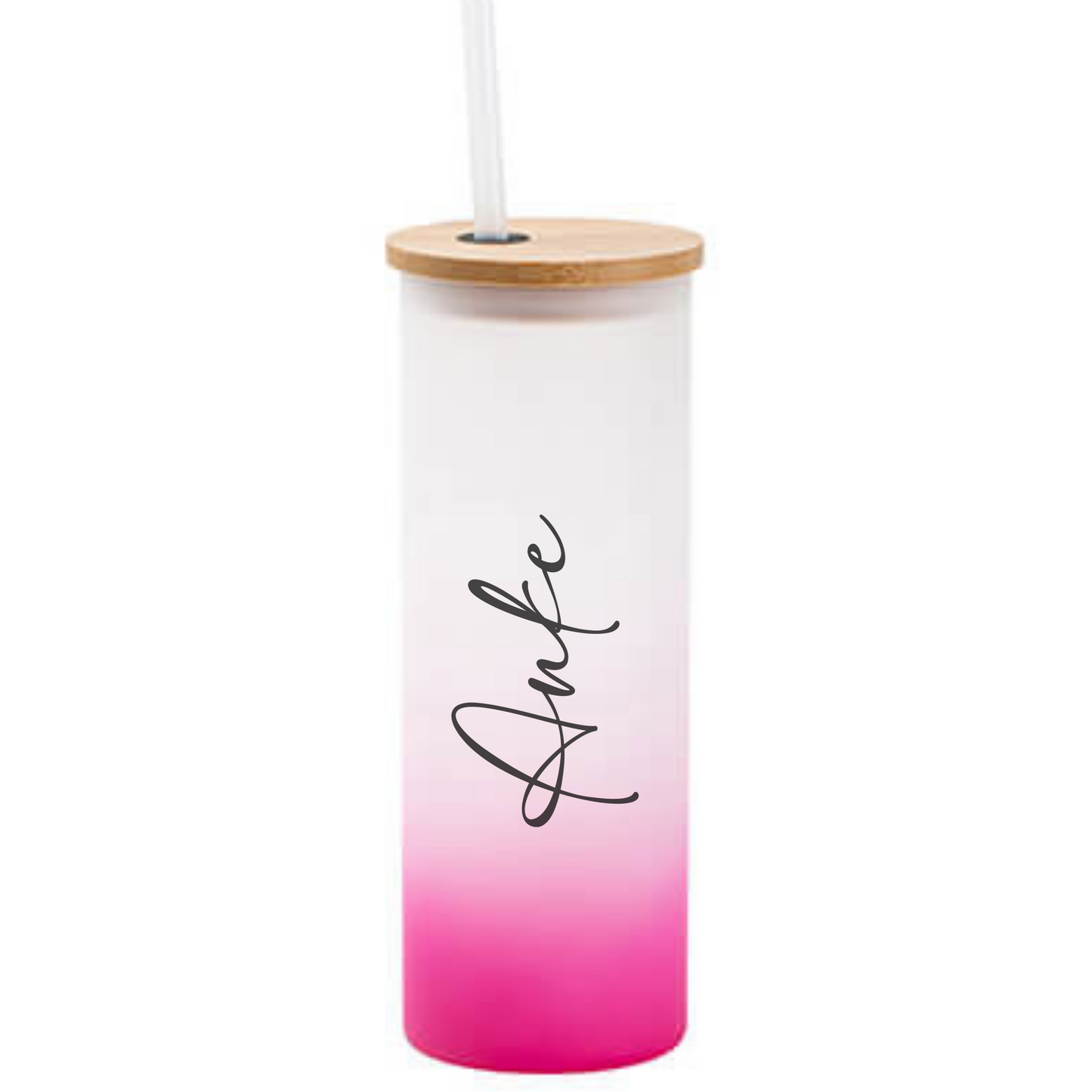Trinkglas frosted in 4 Farben personalisiert - Tumbler mit Namen - Cocktailglas mit Bambusdeckel und Strohhalm - personalisiertes Geschenk