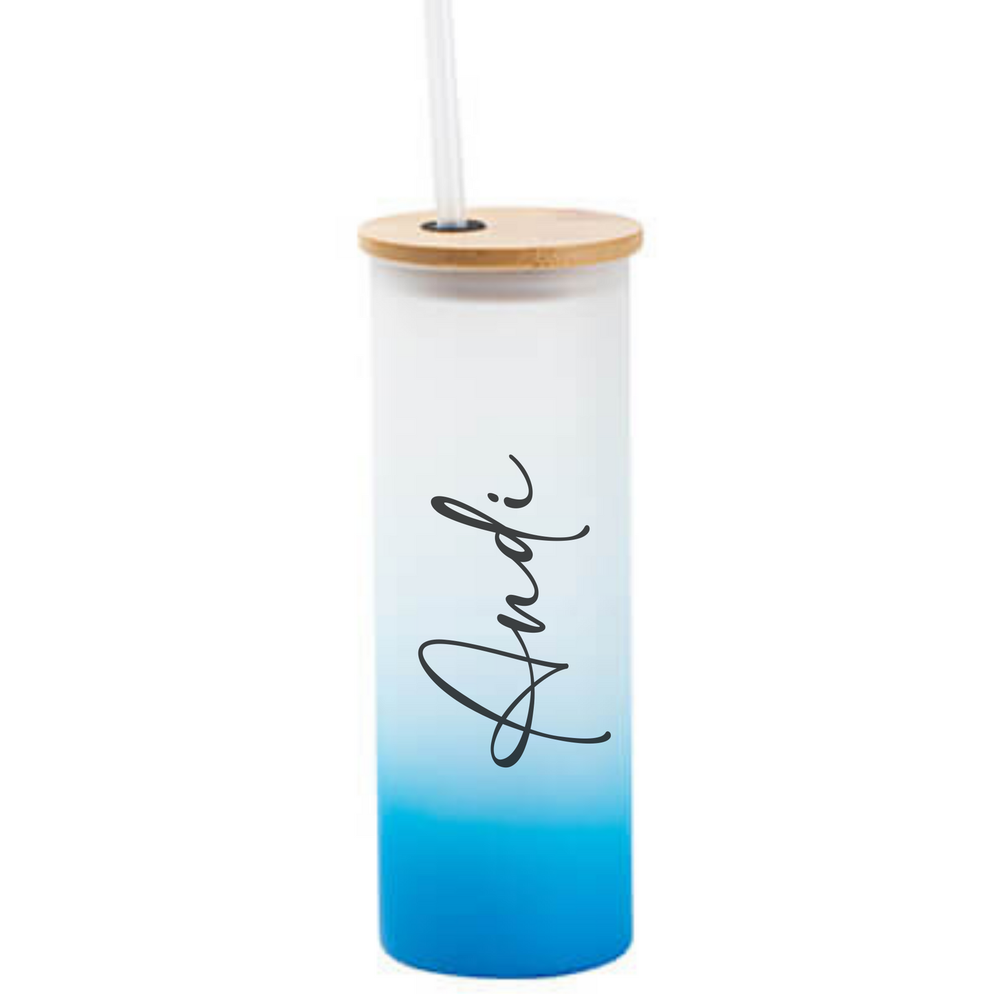 Trinkglas frosted in 4 Farben personalisiert - Tumbler mit Namen - Cocktailglas mit Bambusdeckel und Strohhalm - personalisiertes Geschenk