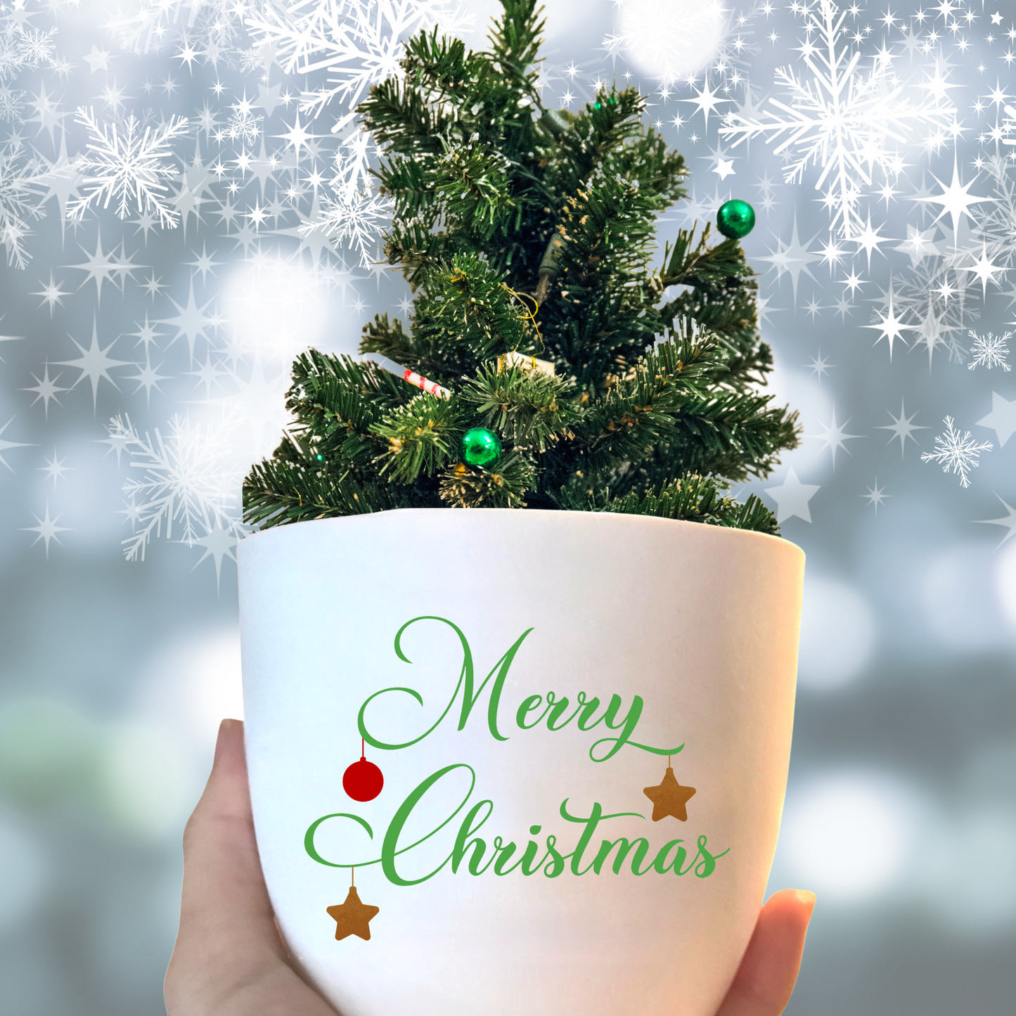 weißer Blumentopf als Weihnachtsgeschenk mit Spruch "Merry Christmas"