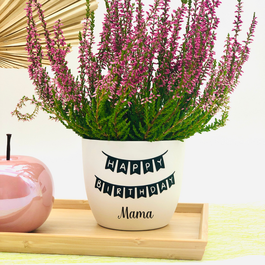 Blumentopf weiß oder schwarz - Happy Birthday - Geschenkidee Blumentopf - Geschenk zum Geburtstag - Freundin, Mama, Oma, Opa personalisiert