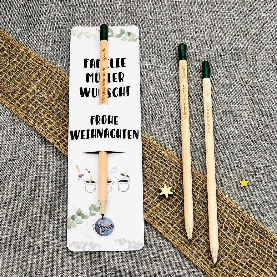 Nachhaltiges Weihnachtsgeschenk - Bleistift zum Einpflanzen - Holzstift mit personalisierter Karte - Bleistift mit Blumensamen