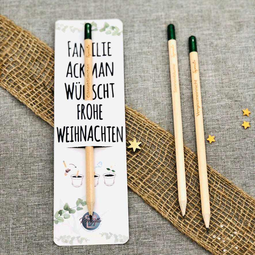 Nachhaltiges Weihnachtsgeschenk - Bleistift zum Einpflanzen - Holzstift mit personalisierter Karte - Bleistift mit Blumensamen