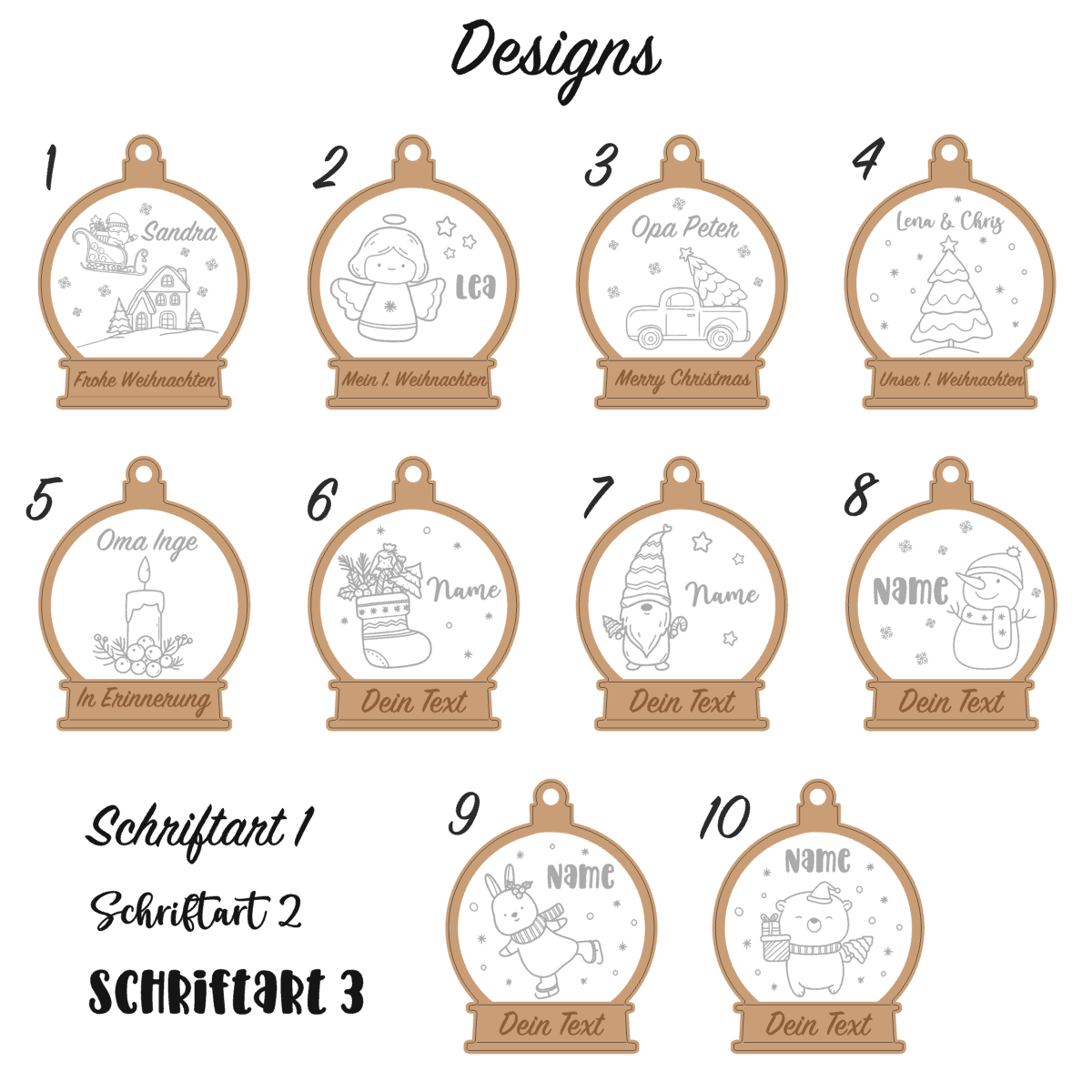 Schneekugel Ornament - Holzornament mit weihnachtlichem Motiv und Namen personalisiert - Schneekugel Weihnachtsbaumschmuck