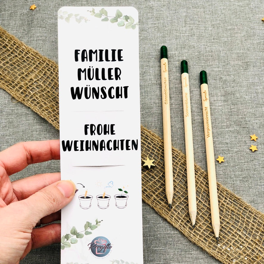 Nachhaltiges Weihnachtsgeschenk - Bleistift zum Einpflanzen - Holzstift mit personalisierter Karte - Bleistift mit Blumensamen
