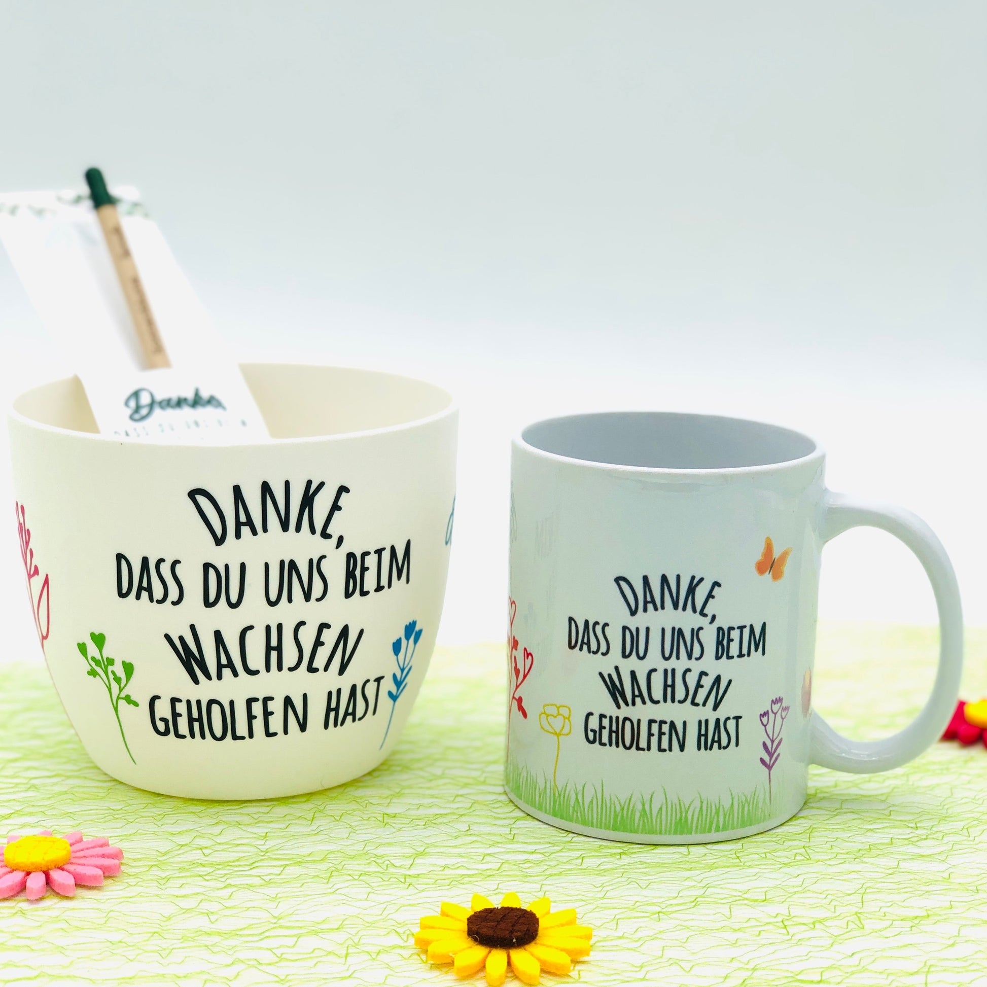 Tasse weiร personalisiert - "Danke, dass du mir / uns beim Wachsen geholfen hast"