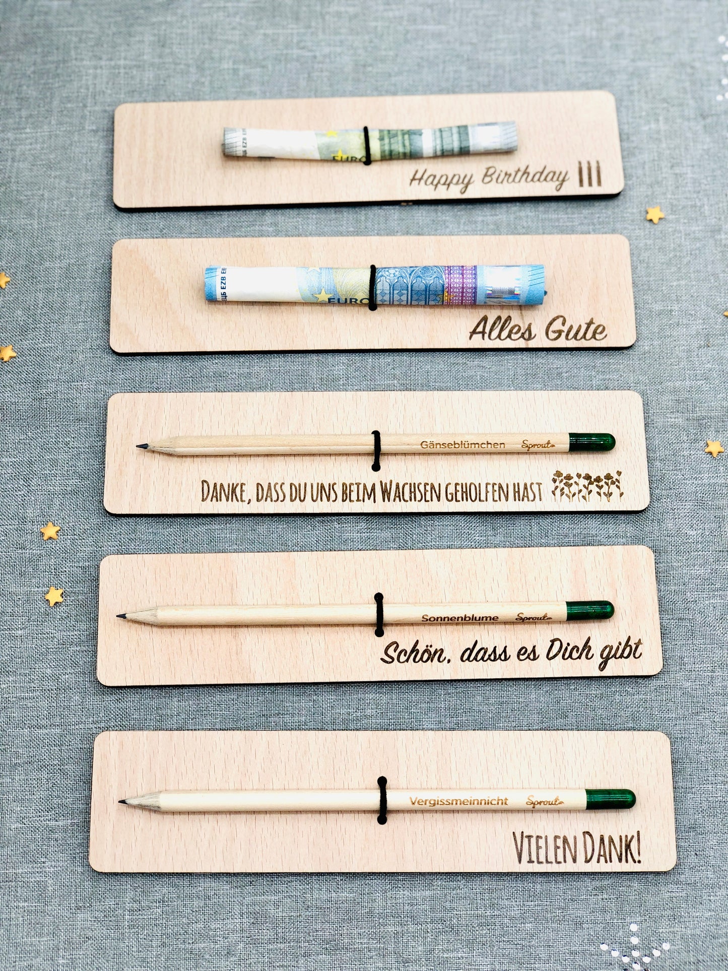 Holzkarte mit Bleistift oder als Geldgeschenk - als nachhaltiges Geschenk